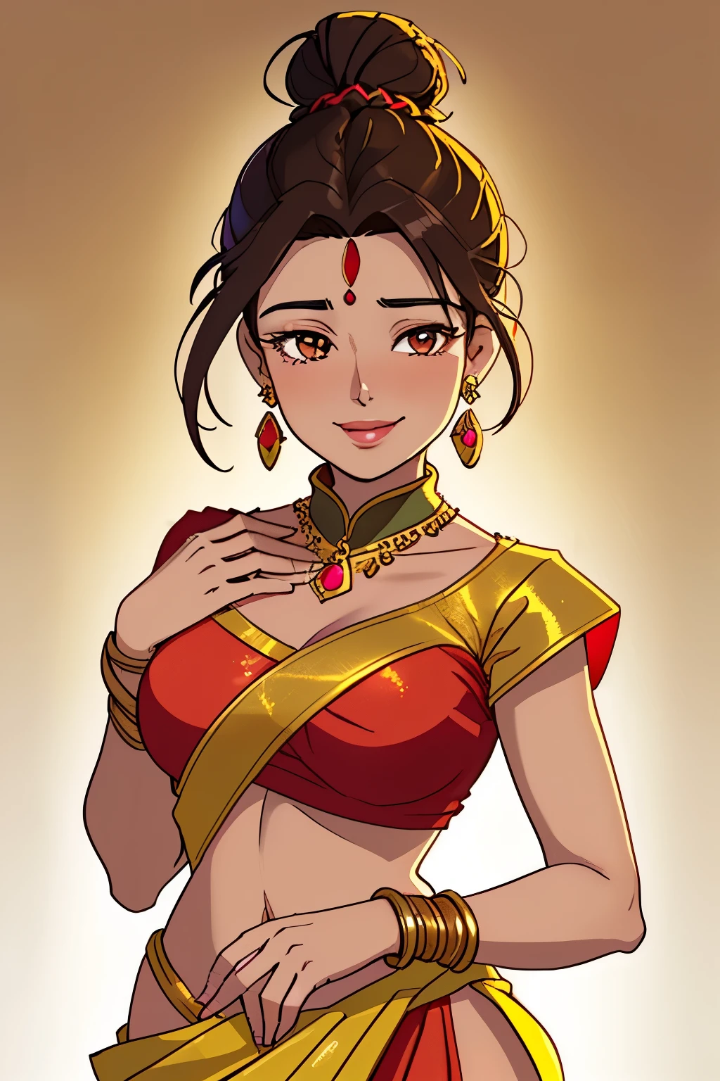 Appearance: Radiant woman with long, dark hair tied into a neat bun; Warm brown eyes; Medium height; Graceful figure; Radiant smile
Clothing: Elegant sarees, often in vibrant colors, adorned with gold jewelry