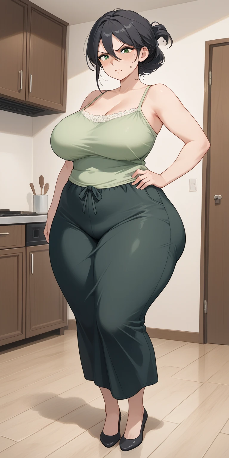 (over the shoulder pov), (Best quality: 1.5), (masterpiece: 1.5), (2.5D), (vivid colors), (1 character), (exaggerated proportions), (hentai), (perfect anatomy), (character in center), (absurd), (4k wallpaper), (eyes
detailed), (perfect hands), (perfect fingers), (beautiful skin), (glowing skin), (perfect shadows), (perfect lighting), (full body), (beautiful eyes), (masterpiece), (body voluptuous ), (pretty face), milf adult woman, blonde hair with a low and slightly disheveled ponytail, green eyes, wears glasses, wears a knee-length dress with long lace sleeves fitted at the waist and with a moderate V-neckline, cheerful and affectionate expression, mature milf face, huge breasts, huge thighs, huge butt, voluptuous body, good proportions, she is standing in the main room of a house with a broken television behind her