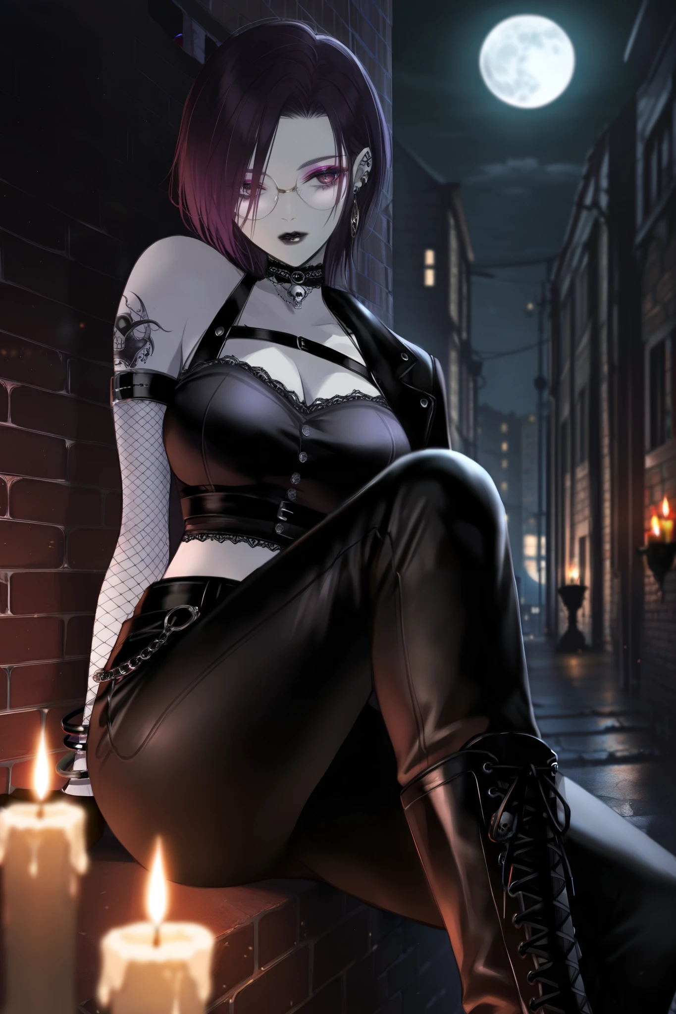 masterpiece, best quality, amazing quality, newest, very aesthetic, 1girl,Image is a stylized comic book illustration featuring a female character with a gothic appearance. She has pale skin and is seated in a dimly lit urban alleyway. Her hair is long, dark, and accented with purple highlights. She wears round glasses and dark makeup, including purple eyeshadow and black lipstick. Her attire consists of a black top with fishnet sleeves, dark pants, and boots. She accessorizes with a choker and various bracelets. A tattoo is visible on her hand. The background includes a brick wall and a fire escape, with a full moon visible in the night sky. A lit candle and a small skull are placed near her feet, adding to the mysterious and eerie atmosphere of the scene.