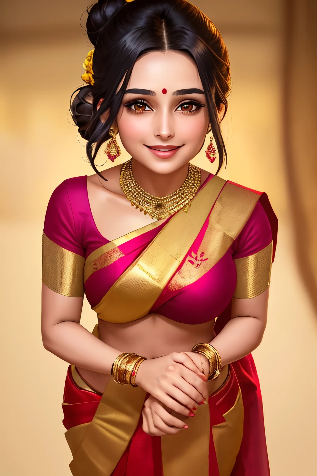 Appearance: Radiant woman with long, dark hair tied into a neat bun; Warm brown eyes; Medium height; Graceful figure; Radiant smile
Clothing: Elegant sarees, often in vibrant colors, adorned with gold jewelry