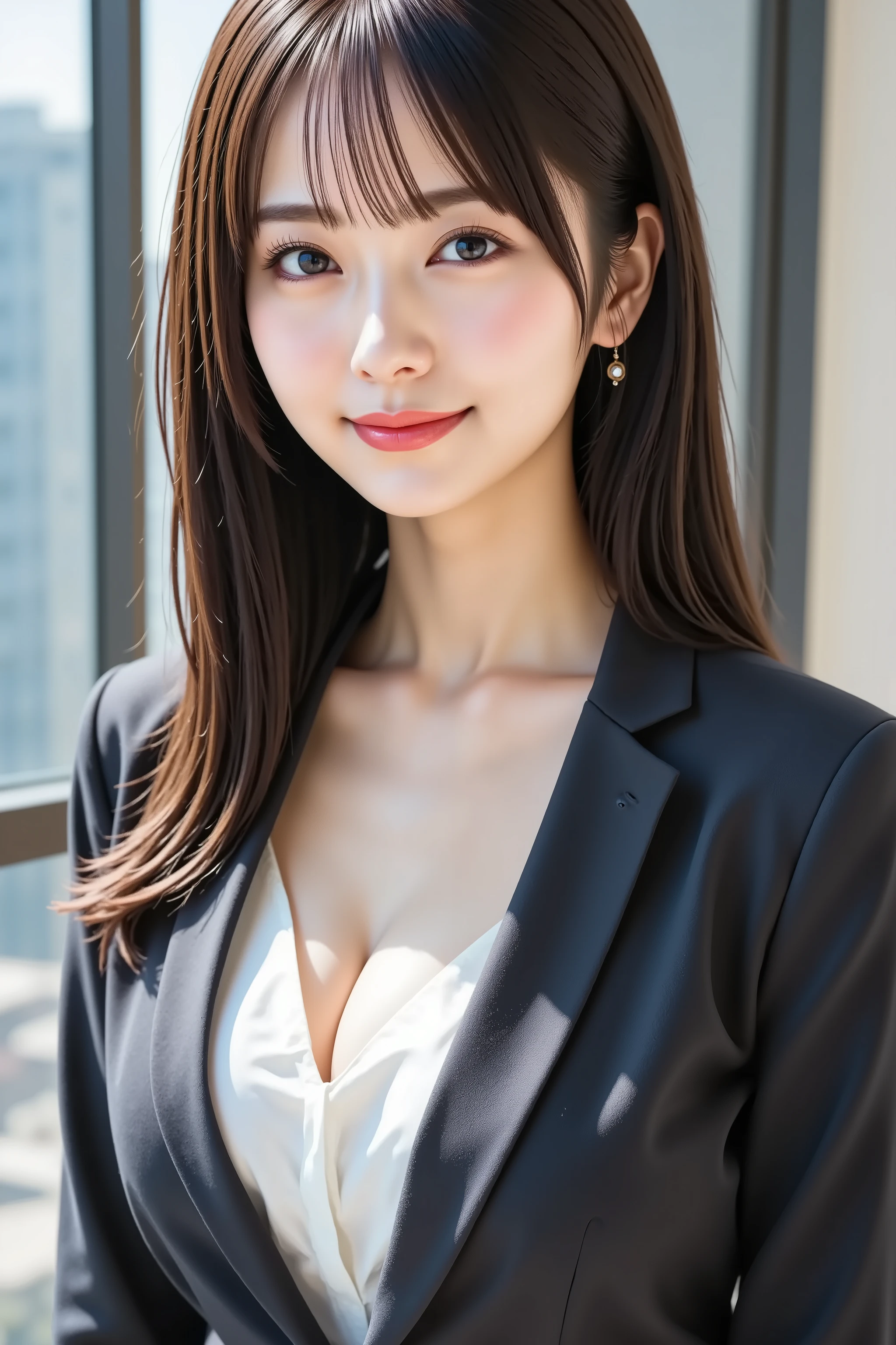 (highest quality、table top、8k、best image quality、Award-winning work)、1 beautiful woman、straight medium hair、(perfect black business suit:1.3)、(The most accurate and natural business suit:1.3)、(perfect office style:1.1)、big breasts、emphasize body line、perfect composition、beautiful and detailed eyes、smile looking at me、(Close-up portrait above chest:1.1)、elegant makeup、Ultra high definition beauty face、ultra high definition hair、Super high-definition sparkling eyes、Super high resolution glossy lips、accurate anatomy、very beautiful skin、Super high-definition glowing beautiful skin
