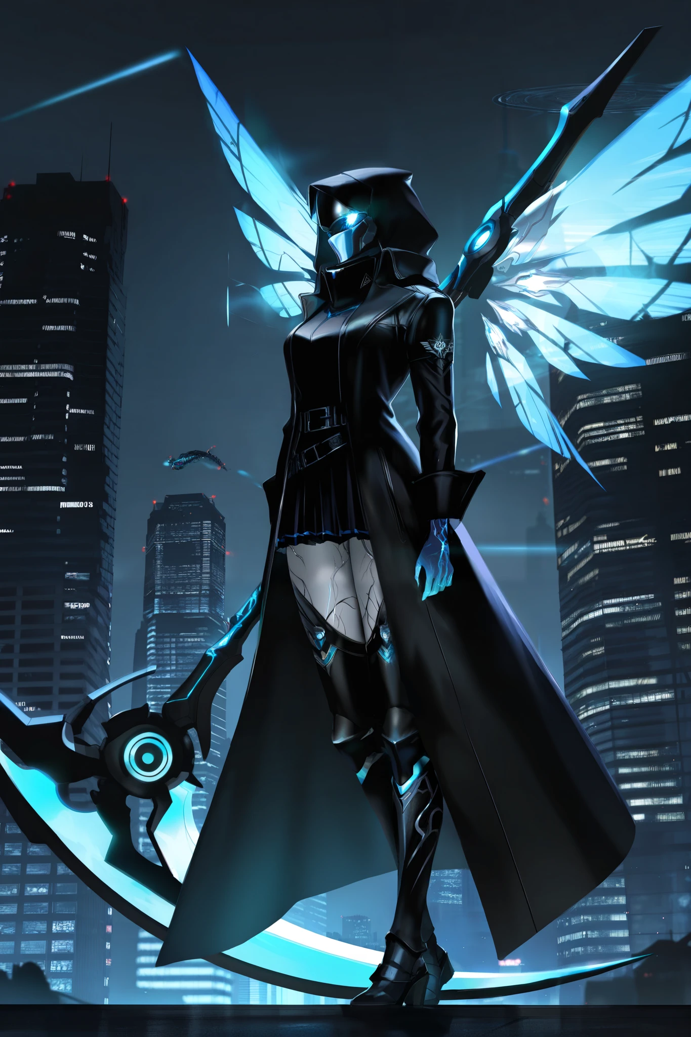 masterpiece, best quality, amazing quality, newest, very aesthetic, 1girl,A chrome-skinned grim reaper in a sleek armored trench coat adjusts her neon-blue scythe, the weapon humming with energy. Her faceplate retracts to reveal glowing violet eyes and black circuit-like veins crawling across pale skin. Holographic wings of binary code flicker behind her as she stands atop a skyscraper, watching drones swarm like mechanical locusts over the city below