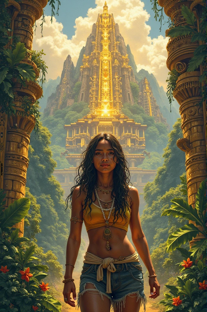 Alex Horley style art, full body, 1 indigenous Brazilian using psychic ability, concentrated cereno, fingers on temples, glowing eyes, transcendental psychedelic, Amazon rainforest scene, 4k image.