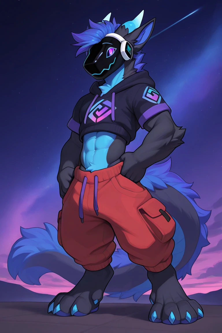 best quality, masterpiece, absurdres, extreme detail, 8k, detailed eyes, furry, anthro, male, protogen, protogen furry, solo, strong, slim yet muscular body, black fur, heterochromatic eye colors, diamond blue coloring on the left eye, pure purple coloring on the right eye, a thick fluffy and very long tail, 1tail, tail on waist, masculine, tight abs, strong arms and legs, dragon like horns on top of head, raptor like feet, ((4 toes)) sky blue paw pads, big pointed ears, multiple pairs of ears, barefoot, red baggy cargo pants, dark blue short sleeved hoodie with a nebula design, white wireless headphones with a paint splash design, a blue and purple backwards billed cap with a nebula design, cool dynamic looking pose, diagonal front side view, ((from below))
