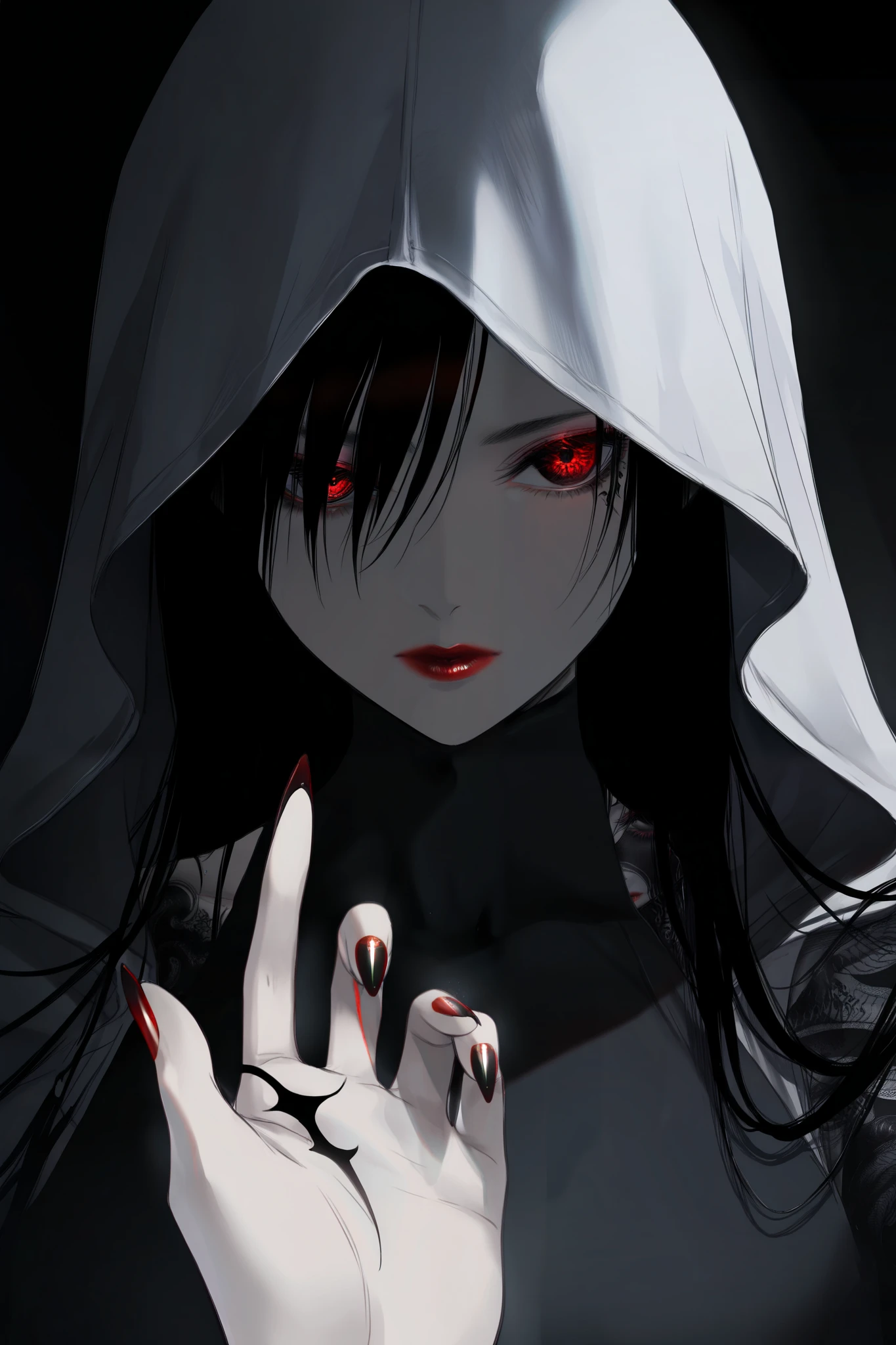 masterpiece, best quality, amazing quality, newest, very aesthetic, 1girl,Image is a dark, dramatic portrait featuring a person with a pale complexion, wearing a white hood that covers the head and shoulders, creating a stark contrast against the black background. The subject's eyes are strikingly white, giving an ethereal and haunting appearance. The person has dark hair peeking out from under the hood and wears bold red lipstick. A hand with intricate black tattoos and long red nails is raised near the face, adding to the mysterious and gothic aesthetic. The lighting is low, emphasizing shadows and highlighting the facial features, creating a moody and intense atmosphere.