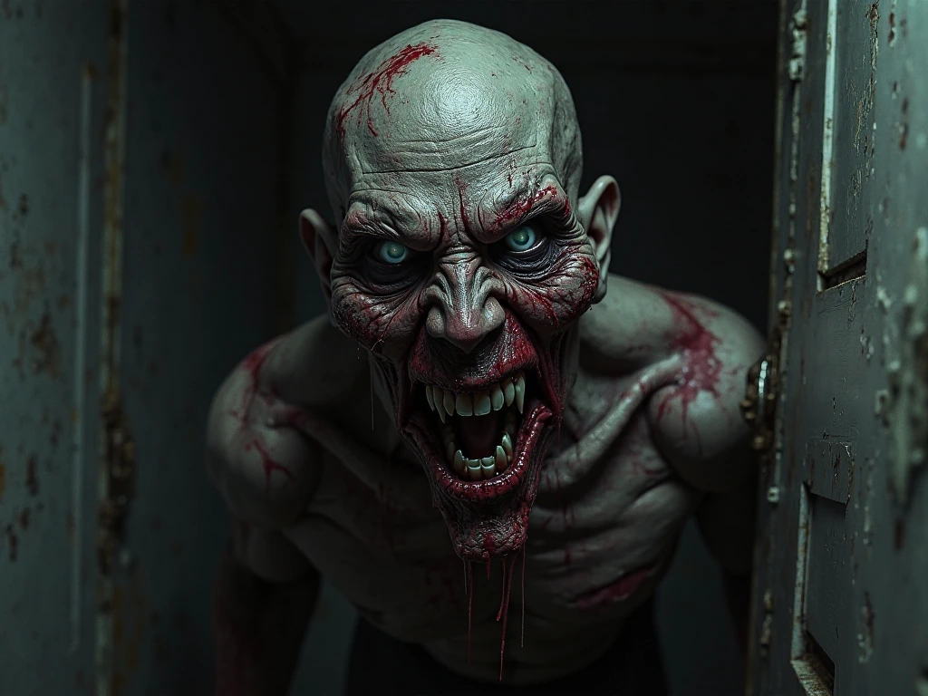 Not dead burned, bloody and torn flesh, leaving a dark room, Terrifying and gloomy, with an open mouth, smiling, bright white eyes
