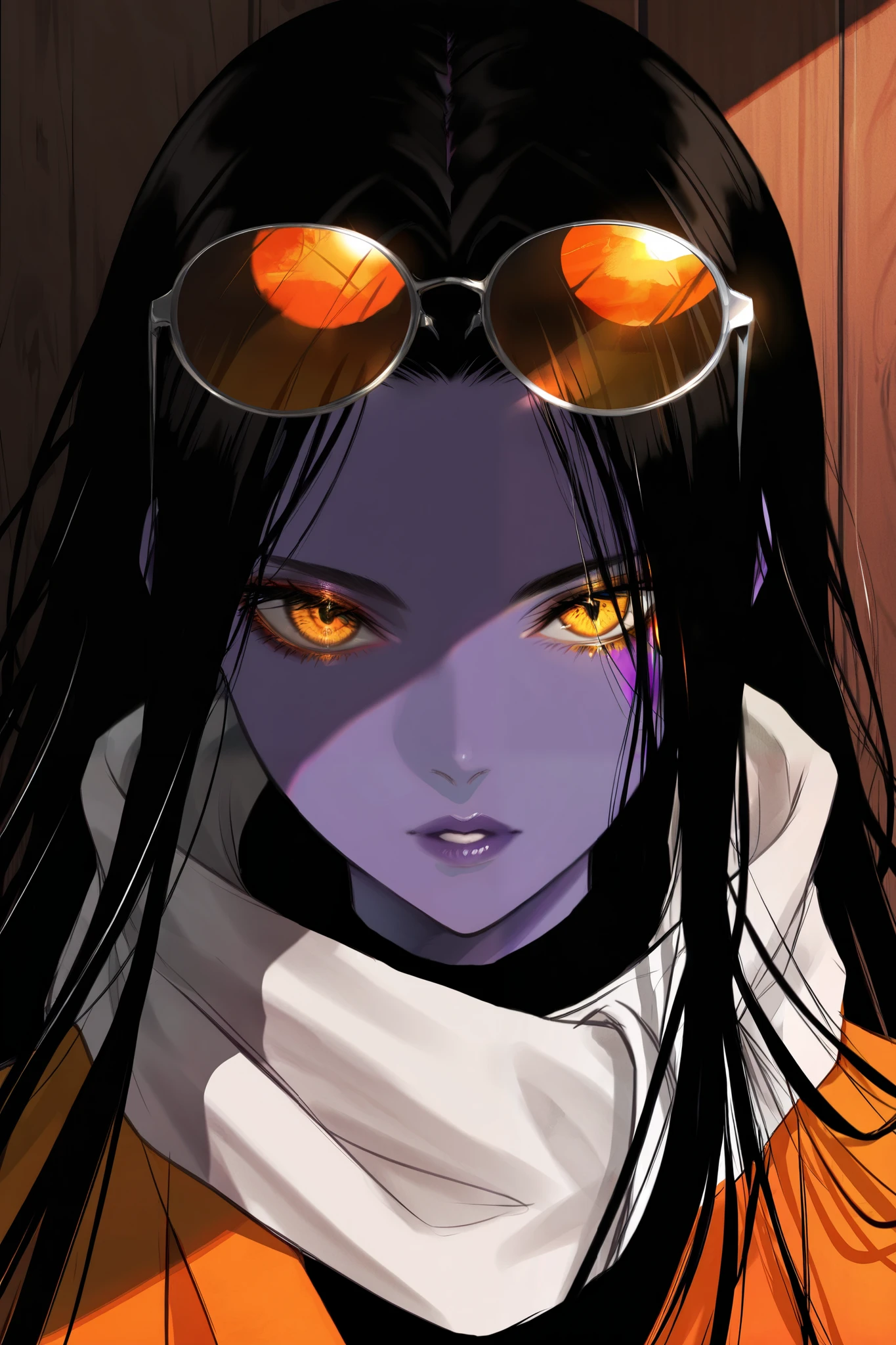 masterpiece, best quality, amazing quality, newest, very aesthetic, 1girl,Image is a digital painting featuring a stylized portrait of a woman with a fantasy-like appearance. She has a deep purple skin tone and striking yellow eyes that stand out against the shadowed background. Her facial features are sharp and defined, with full lips painted in a dark red shade. She wears large, round sunglasses with orange lenses perched on her head, contrasting with her long, flowing dark hair. A white scarf is tied around her neck, adding a touch of elegance. The background consists of wooden planks, painted in muted tones, which complement the overall color scheme of the image. The lighting is dramatic, casting shadows across her face, enhancing the mysterious and captivating aura of the subject.