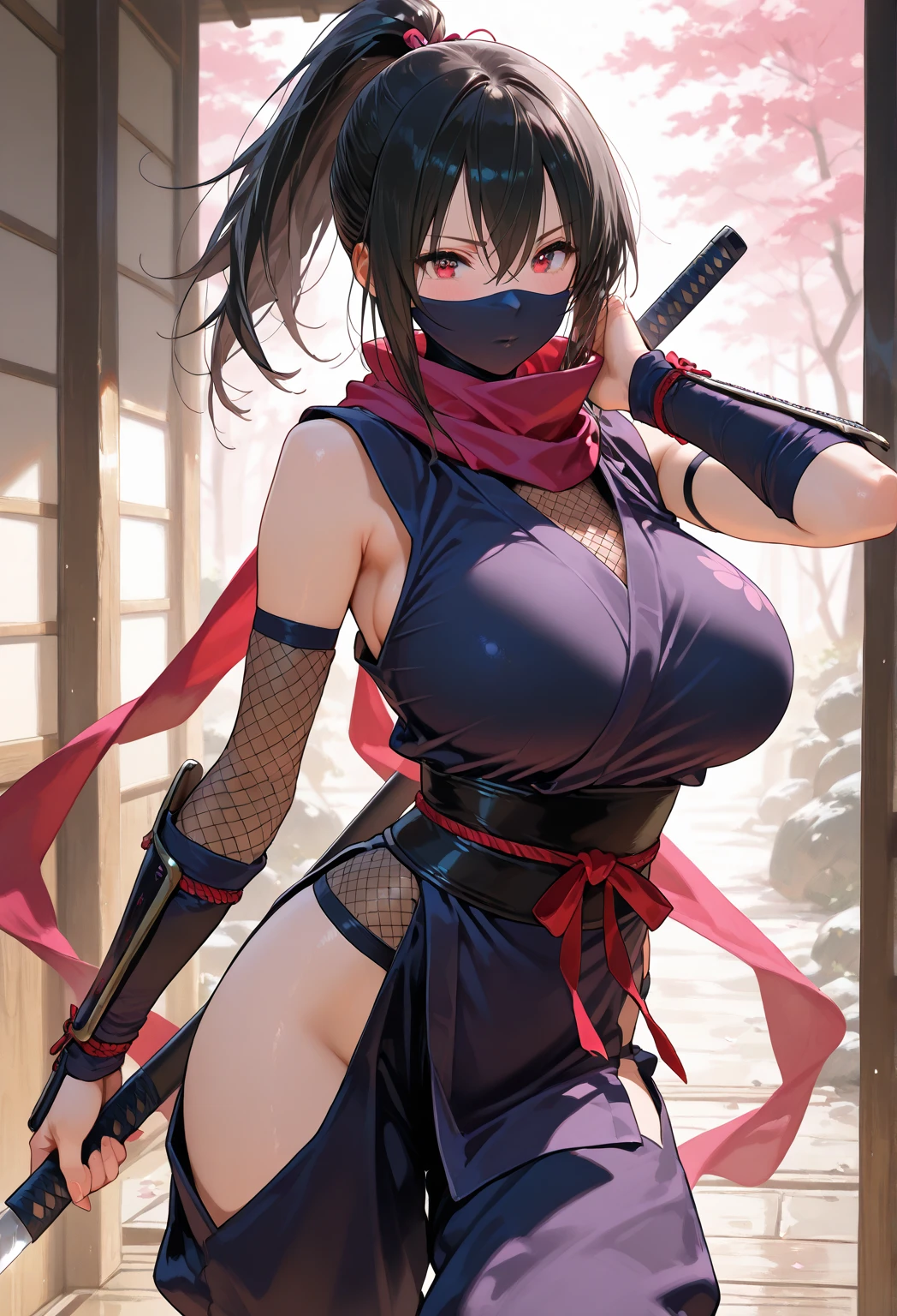 Raise your hands behind your head、night、(masterpiece、Highest quality、Very detailed、so beautiful、Full Body)、(((Pink dense fog effect:1.9)))、((shimmering aura:1.6)), Attractive woman、Angry expression、Sweating profusely、soaked、((Alluring female ninja、Purple Shinobi Costume:1.8))、(Thick lips、Thick eyebrows、Almond-colored eyes、Black Hair)、((Skin:1.4))、Chest wrap、Navy blue long scarf、(From below:1.2)、Japanese garden、(pubic tattoo、glowing tattoo:1.3)