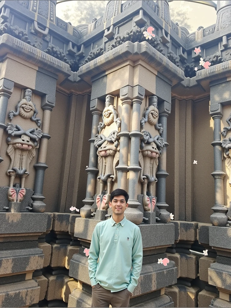 A teenage boy sitting on a mountain in front of
Lord shiva.