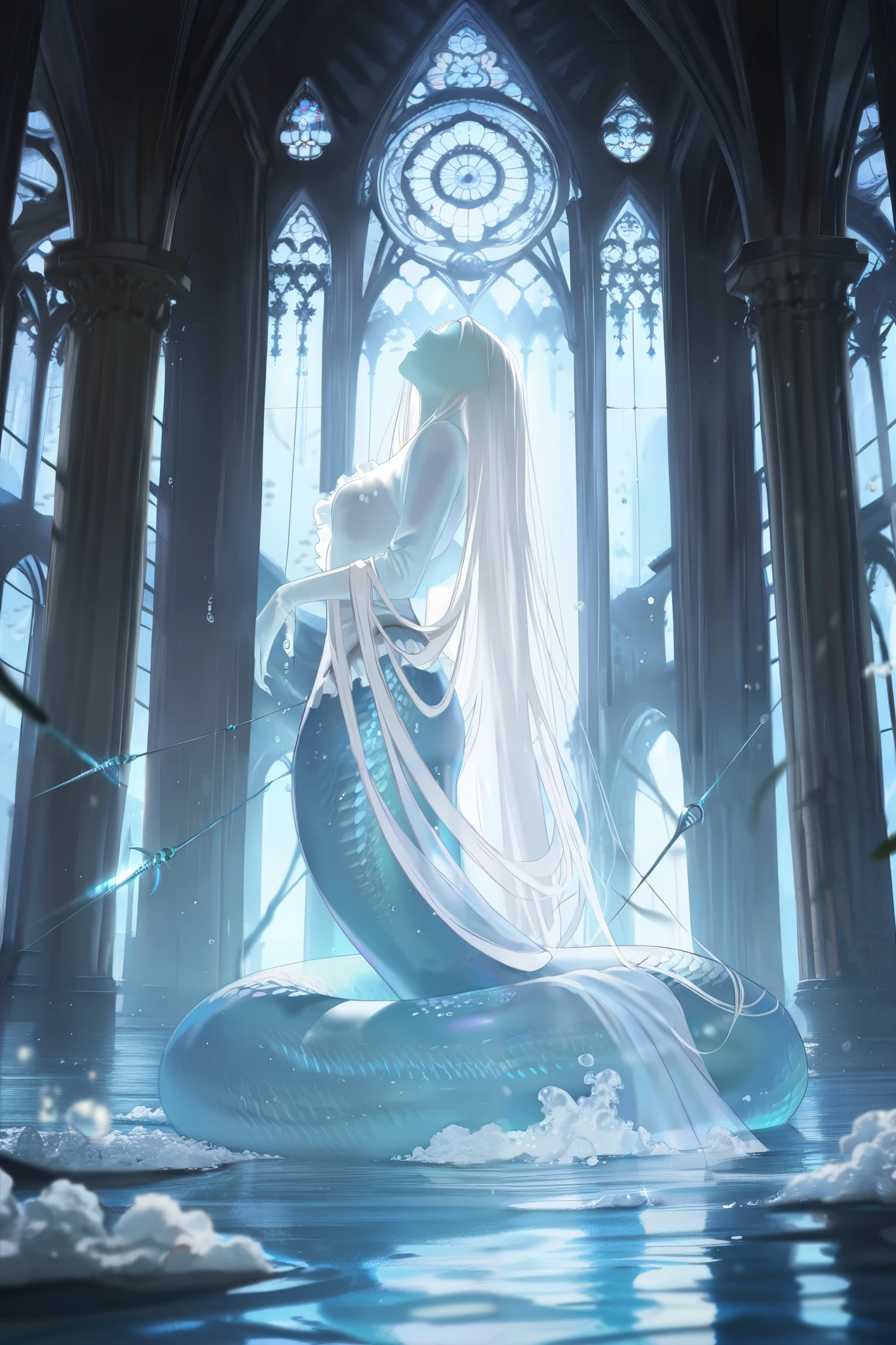 masterpiece, best quality, amazing quality, newest, very aesthetic, 1girl,A ghostly mermaid drifts through a sunken cathedral, her translucent flesh revealing the occasional glimpse of bone. Long white hair floats around her like sea foam, tangled with pearls and fishing hooks. She opens her mouth to sing, revealing rows of needle-sharp teeth, the sound making the water vibrate with unnatural pressure