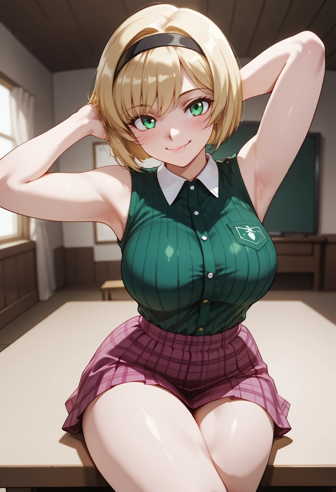 (dynamic angle, wide view, wide-angle lens, extremely detailed, CG, 8k Amazing, finely detail)), (intricate details, depth of field), 8k UHD, (masterpiece, best quality), ((amazing quality,very aesthetic,absurdres,best quality,newest, masterpiece)), ultra detailed, best quality, beautiful face, perfect anatomy, anatomically correct, athletic sexy body, Expressiveh, (cute face, cute body))), ((happy girl, proud to show her body)), ((((Miki H, blonde hair, bobcut, short hair,bangs, green eyes, black hairband, large breast, green striped shirt, sleeveless shirt, white collar, plaid pink miniskirt, white socks))), ((large breasts, slim sexy body, curvy hips, seductive pose, flirting, naughty face, blush)), (((looking at viewer, happy smile, joy, cowboy shot, dynamic pose)))), curvy, toned, athletic, sitting, arms up, crossed legs, (((seductive pose, sexy pose, cowboy pose)), indoors,((hourglass figure)), ((pinup pose, seductive pose,dynamic pose, seductive), ((precise face and eyes:1)) , ((looking at back, full body shot, hourglass figure, wide hips)))), fantasy, outdoors, ((highly detailed, highres, 8k, uhd, High Dynamic Range, tonemapping, crisp details, intricate details, fine details)), ((highly detailed skin texture, finely detailed hair, perfect face, perfect body, perfect hair, perfect anatomy, portrait))