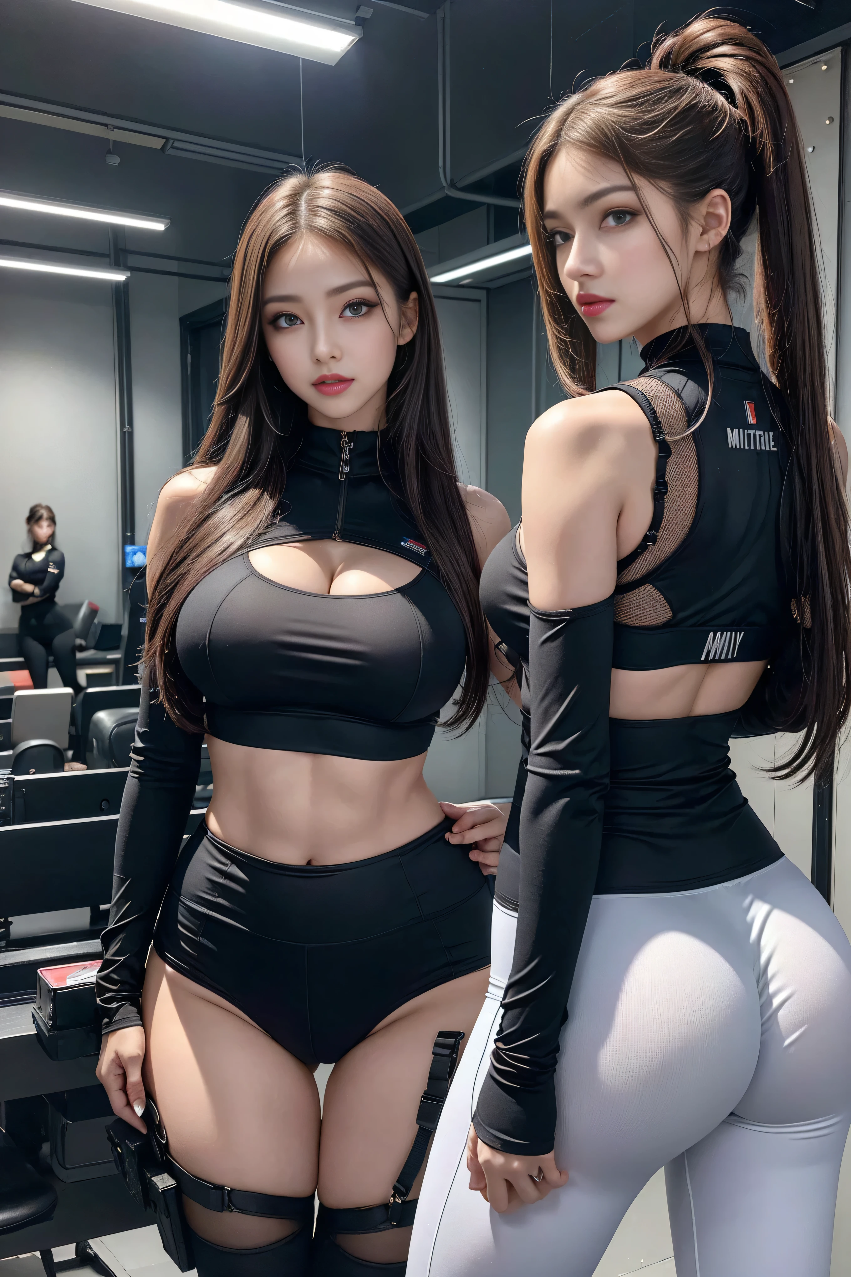 female wearing latex bodysuit, dark eyes, brown long hair, C size tits, messy bun, grey sweatpants, croptop, 20 year old, perfect body,