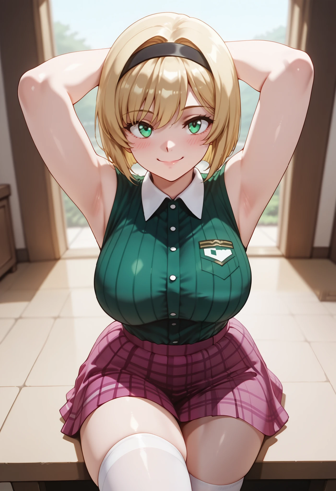 (dynamic angle, wide view, wide-angle lens, extremely detailed, CG, 8k Amazing, finely detail)), (intricate details, depth of field), 8k UHD, (masterpiece, best quality), ((amazing quality,very aesthetic,absurdres,best quality,newest, masterpiece)), ultra detailed, best quality, beautiful face, perfect anatomy, anatomically correct, athletic sexy body, Expressiveh, (cute face, cute body))), ((happy girl, proud to show her body)), ((((Miki H, blonde hair, bobcut, short hair,bangs, green eyes, black hairband, large breast, green striped shirt, sleeveless shirt, white collar, plaid pink miniskirt, white socks))), ((large breasts, slim sexy body, curvy hips, seductive pose, flirting, naughty face, blush)), (((looking at viewer, happy smile, joy, cowboy shot, dynamic pose)))), curvy, toned, athletic, sitting, arms up, crossed legs, (((seductive pose, sexy pose, cowboy pose)), indoors,((hourglass figure)), ((pinup pose, seductive pose,dynamic pose, seductive), ((precise face and eyes:1)) , ((looking at back, full body shot, hourglass figure, wide hips)))), fantasy, outdoors, ((highly detailed, highres, 8k, uhd, High Dynamic Range, tonemapping, crisp details, intricate details, fine details)), ((highly detailed skin texture, finely detailed hair, perfect face, perfect body, perfect hair, perfect anatomy, portrait))