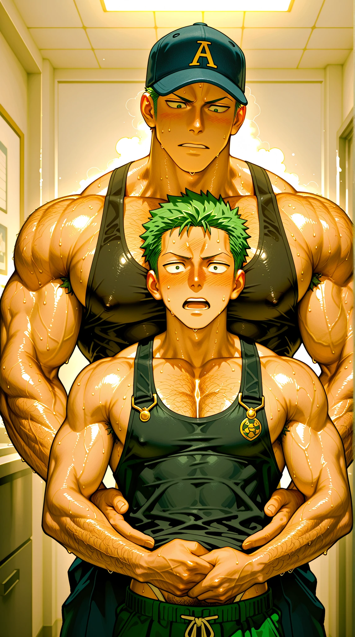 Roronoa Zoro from One Piece hypnotized to lift dumbbells in a gym. Bodybuilder whispers hypnotic triggers in his ear. Hypnosis. Sweaty. Dumb jock. Musclehead. Meathead. Bro. Brainwashing. Brainwashed. Brain to brawn. Hyper biceps. Hyper triceps. Hyper traps. Hyper pecs. broad shoulders. Hyper muscles. Huge bulging crotch. Hyper crotch bulge. Massive crotch bulge. Dumb jock bro. "Dumb jocks don't think.... Dumb jocks don't know.... Dumb jocks just lift, obey, and grow.... Yes, Coach. I lift.... I grow.... I obey.... I am a dumb jock...." Mindless. brainless. IQ drain. Bodybuilder jock assimilation. Blank stares. open mouths. Spiral.