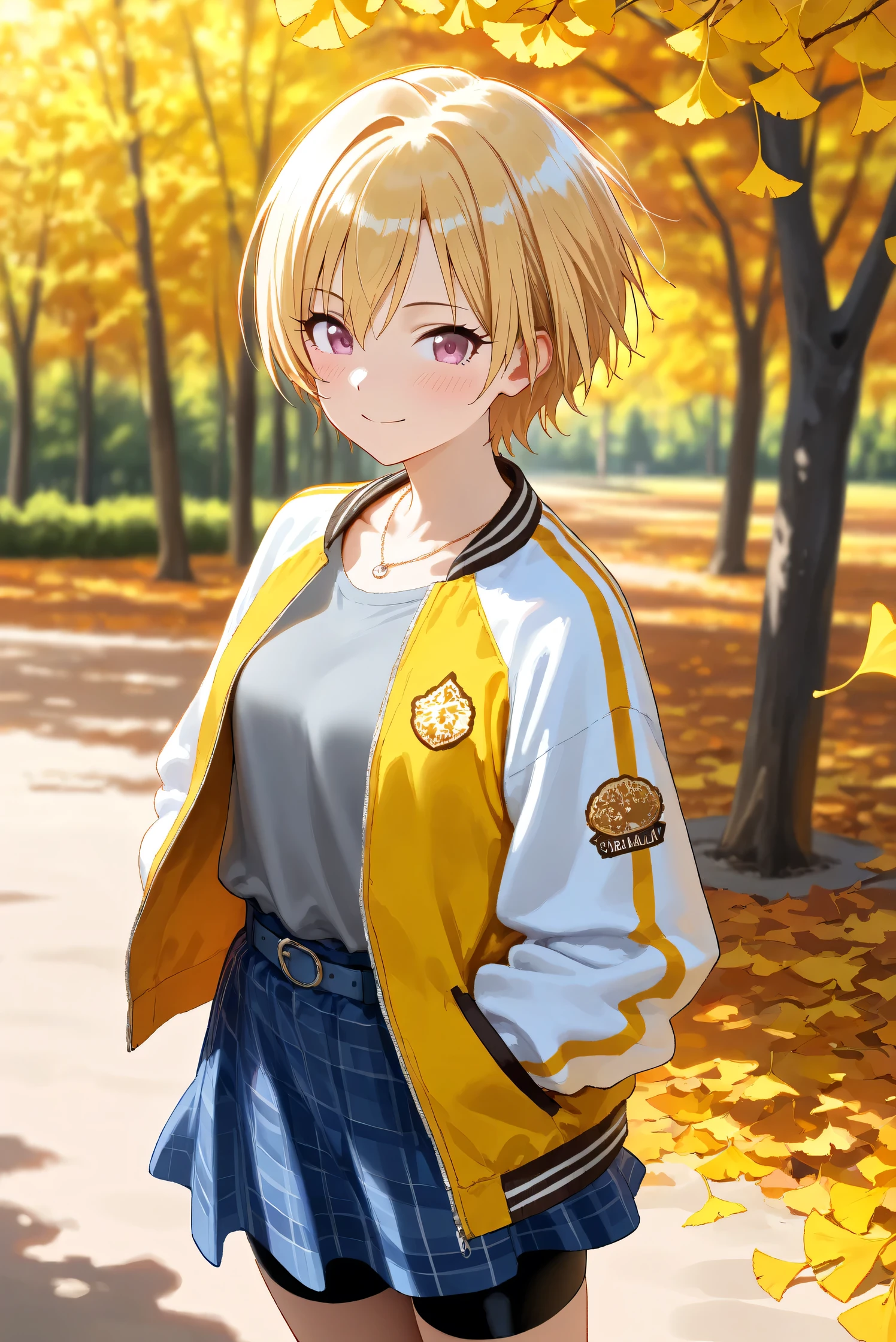 (Masterpiece), (Highest quality), (Very detailed), 
(The best shape), (Best Shadow), (Absurd), 
(Detailed background), (So beautiful), Shiny , 
Beautiful eyes in every detail, Extraordinary, Countershading, 8k, 32K, High resolution, 
Very Detailed CG,

Score_9, Score_8_up, Score_7_up, Source_anime, 
(Pastel painting:1.2), (Watercolor painting:1.2),
(Masterpiece, Detailed:1.2), (Foreshortening:1.2),

Cinematic, Dramatic, (Depth of field:1.4),
(Blurry background:1.4), (Realistic background:1.4),
Dynamic angle, 
1 girl,
Autumn, Outdoor, Nature, Park, Wind,
Autumn leaves, Ginkgo,
Scenery, Autumnforrestmb, Autumn, Forest, Tree, Nature, Outdoors, 

Saijo Juri,
the idolmaster shiny colors,
juri saijo, short hair, blonde hair, purple eyes, small breasts,

(Casual wear:1.3), 
T-shirts, (Gray t-shirts:1.3), 
Souvenir jacket, Yellow jacket, (Long sleeves jacket:1.2), White sleeves, 
Miniskirt, (blue skirt:1.2), Checkered skirt, 
Belt, blue belt, bike shorts,
Necklace,

Portrait, (focus on face:1.1), (Close up shot:1.1),
(Blush:1.3), smile, happy,
Realistic skin, Shiny skin,