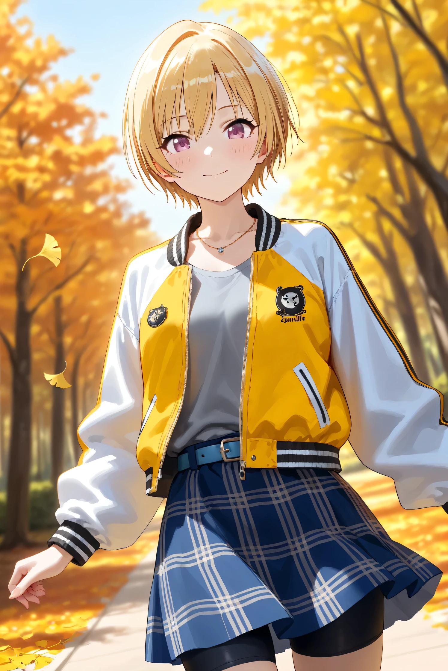 (Masterpiece), (Highest quality), (Very detailed), 
(The best shape), (Best Shadow), (Absurd), 
(Detailed background), (So beautiful), Shiny , 
Beautiful eyes in every detail, Extraordinary, Countershading, 8k, 32K, High resolution, 
Very Detailed CG,

Score_9, Score_8_up, Score_7_up, Source_anime, 
(Pastel painting:1.2), (Watercolor painting:1.2),
(Masterpiece, Detailed:1.2), (Foreshortening:1.2),

Cinematic, Dramatic, (Depth of field:1.4),
(Blurry background:1.4), (Realistic background:1.4),
Dynamic angle, 
1 girl,
Autumn, Outdoor, Nature, Park, Wind,
Autumn leaves, Ginkgo,
Scenery, Autumnforrestmb, Autumn, Forest, Tree, Nature, Outdoors, 

Saijo Juri,
the idolmaster shiny colors,
juri saijo, short hair, blonde hair, purple eyes, small breasts,

(Casual wear:1.3), 
T-shirts, (Gray t-shirts:1.3), 
Souvenir jacket, Yellow jacket, (Long sleeves jacket:1.2), White sleeves, 
Miniskirt, (blue skirt:1.2), Checkered skirt, 
Belt, blue belt, bike shorts,
Necklace,

Portrait, (focus on face:1.1), (Close up shot:1.1),
(Blush:1.3), smile, happy,
Realistic skin, Shiny skin,