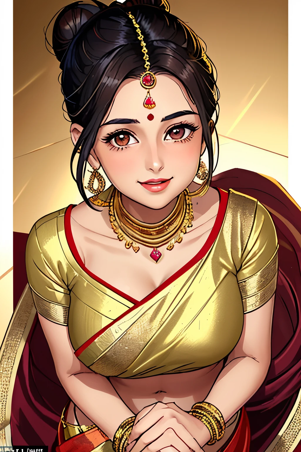 Appearance: Radiant woman with long, dark hair tied into a neat bun; Warm brown eyes; Medium height; Graceful figure; Radiant smile
Clothing: Elegant sarees, often in vibrant colors, adorned with gold jewelry
