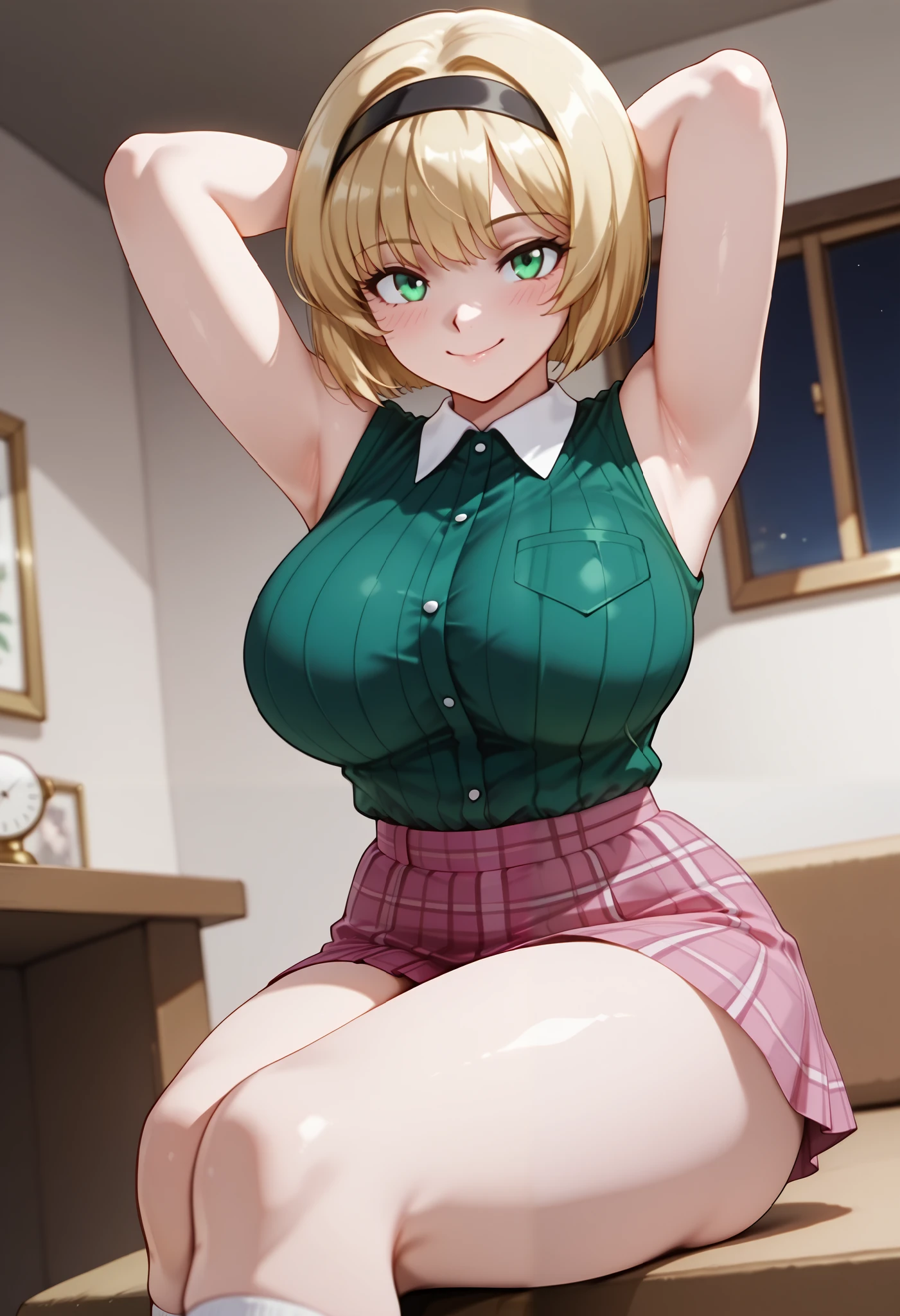 (dynamic angle, wide view, wide-angle lens, extremely detailed, CG, 8k Amazing, finely detail)), (intricate details, depth of field), 8k UHD, (masterpiece, best quality), ((amazing quality,very aesthetic,absurdres,best quality,newest, masterpiece)), ultra detailed, best quality, beautiful face, perfect anatomy, anatomically correct, athletic sexy body, Expressiveh, (cute face, cute body))), ((happy girl, proud to show her body)), ((((Miki H, blonde hair, bobcut, short hair,bangs, green eyes, black hairband, large breast, green striped shirt, sleeveless shirt, white collar, plaid pink miniskirt, white socks))), ((large breasts, slim sexy body, curvy hips, seductive pose, flirting, naughty face, blush)), (((looking at viewer, happy smile, joy, cowboy shot, dynamic pose)))), curvy, toned, athletic, sitting, arms up, crossed legs, side view, (((seductive pose, sexy pose, cowboy pose)), indoors,((hourglass figure)), ((pinup pose, seductive pose,dynamic pose, seductive), ((precise face and eyes:1)) , ((looking at back, full body shot, hourglass figure, wide hips)))), fantasy, outdoors, ((highly detailed, highres, 8k, uhd, High Dynamic Range, tonemapping, crisp details, intricate details, fine details)), ((highly detailed skin texture, finely detailed hair, perfect face, perfect body, perfect hair, perfect anatomy, portrait))