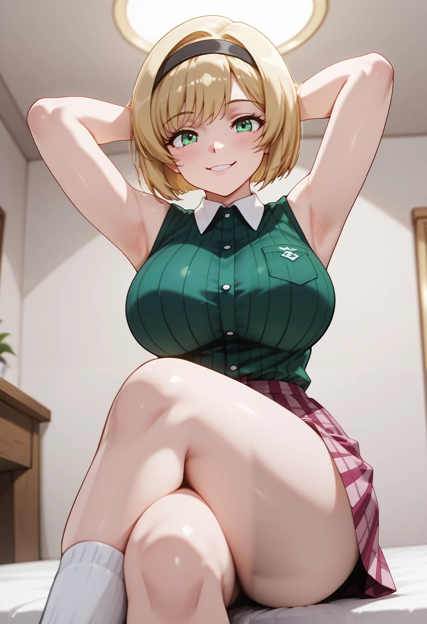 (dynamic angle, wide view, wide-angle lens, extremely detailed, CG, 8k Amazing, finely detail)), (intricate details, depth of field), 8k UHD, (masterpiece, best quality), ((amazing quality,very aesthetic,absurdres,best quality,newest, masterpiece)), ultra detailed, best quality, beautiful face, perfect anatomy, anatomically correct, athletic sexy body, Expressiveh, (cute face, cute body))), ((happy girl, proud to show her body)), ((((Miki H, blonde hair, bobcut, short hair,bangs, green eyes, black hairband, large breast, green striped shirt, sleeveless shirt, white collar, plaid pink miniskirt, white socks))), ((large breasts, slim sexy body, curvy hips, seductive pose, flirting, naughty face, blush)), (((looking at viewer, happy smile, joy, cowboy shot, dynamic pose)))), curvy, toned, athletic, sitting, arms up, crossed legs, side view, (((seductive pose, sexy pose, cowboy pose)), indoors,((hourglass figure)), ((pinup pose, seductive pose,dynamic pose, seductive), ((precise face and eyes:1)) , ((looking at back, full body shot, hourglass figure, wide hips)))), fantasy, outdoors, ((highly detailed, highres, 8k, uhd, High Dynamic Range, tonemapping, crisp details, intricate details, fine details)), ((highly detailed skin texture, finely detailed hair, perfect face, perfect body, perfect hair, perfect anatomy, portrait))