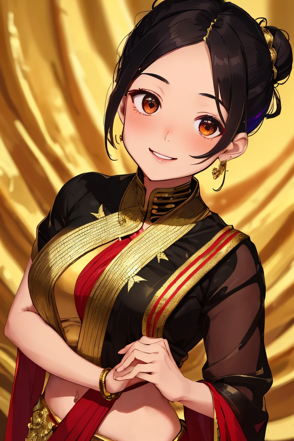 Appearance: Radiant woman with long, dark hair tied into a neat bun; Warm brown eyes; Medium height; Graceful figure; Radiant smile
Clothing: Elegant sarees, often in vibrant colors, adorned with gold jewelry
