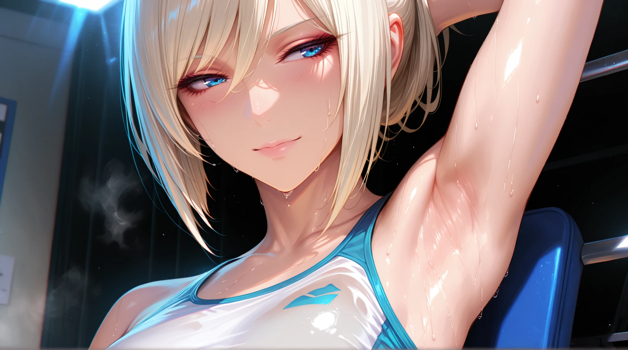 super high quality, (8k, RAW photo, realistic), detailed and delicate depiction and flashy and dynamic painting method, white messy medium ponytail, very beautiful woman, annoying sexy expressions, shining blue big eyes, (flat chest:1.3), ass, slender, red big thick lips, wearing red micro thong bikini, background colorful wall, iridescent, professional flare lighting