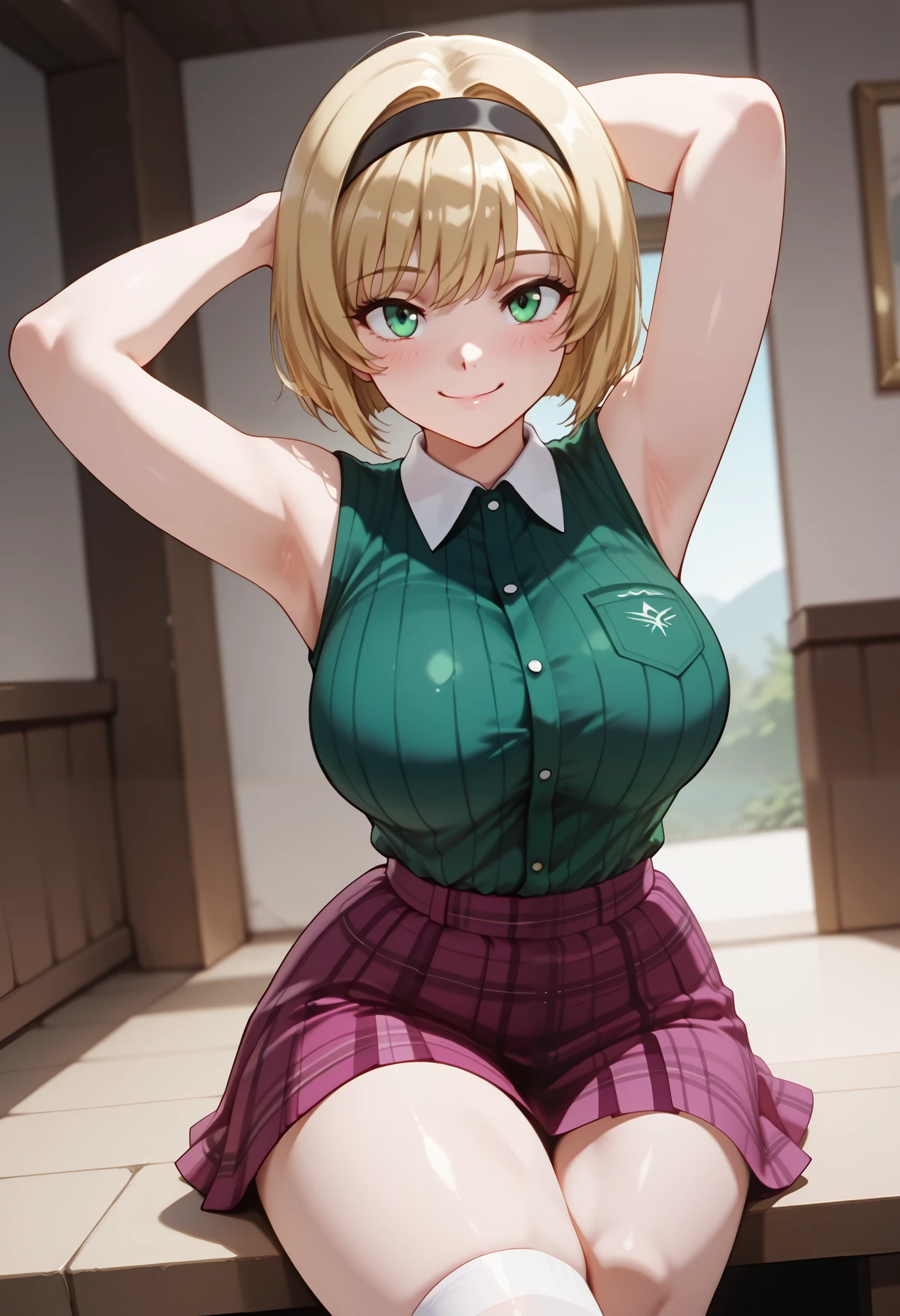 (dynamic angle, wide view, wide-angle lens, extremely detailed, CG, 8k Amazing, finely detail)), (intricate details, depth of field), 8k UHD, (masterpiece, best quality), ((amazing quality,very aesthetic,absurdres,best quality,newest, masterpiece)), ultra detailed, best quality, beautiful face, perfect anatomy, anatomically correct, athletic sexy body, Expressiveh, (cute face, cute body))), ((happy girl, proud to show her body)), ((((Miki H, blonde hair, bobcut, short hair,bangs, green eyes, black hairband, large breast, green striped shirt, sleeveless shirt, white collar, plaid pink miniskirt, white socks))), ((large breasts, slim sexy body, curvy hips, seductive pose, flirting, naughty face, blush)), (((looking at viewer, happy smile, joy, cowboy shot, dynamic pose)))), curvy, toned, athletic, sitting, arms up, crossed legs, bottom view, (((seductive pose, sexy pose, cowboy pose)), indoors,((hourglass figure)), ((pinup pose, seductive pose,dynamic pose, seductive), ((precise face and eyes:1)) , ((looking at back, full body shot, hourglass figure, wide hips)))), fantasy, outdoors, ((highly detailed, highres, 8k, uhd, High Dynamic Range, tonemapping, crisp details, intricate details, fine details)), ((highly detailed skin texture, finely detailed hair, perfect face, perfect body, perfect hair, perfect anatomy, portrait))