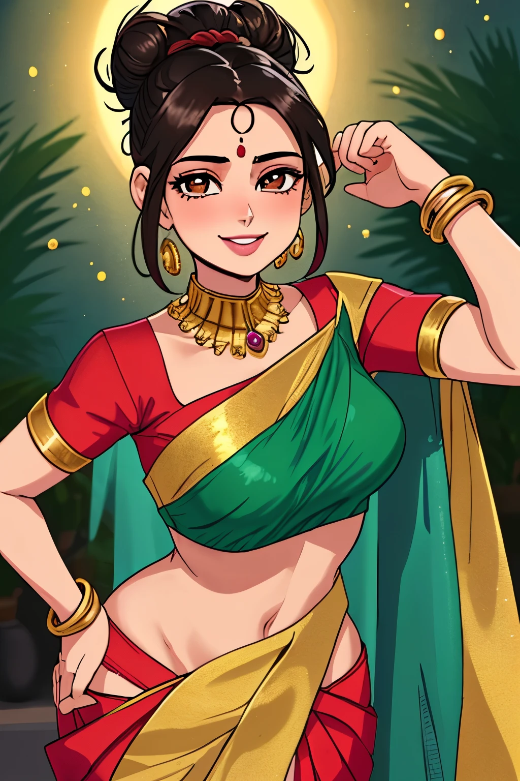 Appearance: Radiant woman with long, dark hair tied into a neat bun; Warm brown eyes; Medium height; Graceful figure; Radiant smile
Clothing: Elegant sarees, often in vibrant colors, adorned with gold jewelry