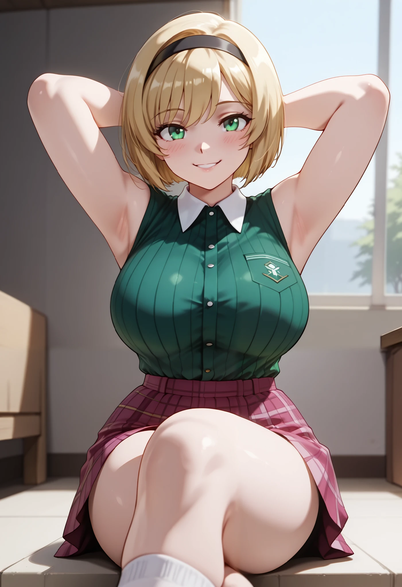 (dynamic angle, wide view, wide-angle lens, extremely detailed, CG, 8k Amazing, finely detail)), (intricate details, depth of field), 8k UHD, (masterpiece, best quality), ((amazing quality,very aesthetic,absurdres,best quality,newest, masterpiece)), ultra detailed, best quality, beautiful face, perfect anatomy, anatomically correct, athletic sexy body, Expressiveh, (cute face, cute body))), ((happy girl, proud to show her body)), ((((Miki H, blonde hair, bobcut, short hair,bangs, green eyes, black hairband, large breast, green striped shirt, sleeveless shirt, white collar, plaid pink miniskirt, white socks))), ((large breasts, slim sexy body, curvy hips, seductive pose, flirting, naughty face, blush)), (((looking at viewer, happy smile, joy, cowboy shot, dynamic pose)))), curvy, toned, athletic, sitting, arms up, crossed legs, bottom view, (((seductive pose, sexy pose, cowboy pose)), indoors,((hourglass figure)), ((pinup pose, seductive pose,dynamic pose, seductive), ((precise face and eyes:1)) , ((looking at back, full body shot, hourglass figure, wide hips)))), fantasy, outdoors, ((highly detailed, highres, 8k, uhd, High Dynamic Range, tonemapping, crisp details, intricate details, fine details)), ((highly detailed skin texture, finely detailed hair, perfect face, perfect body, perfect hair, perfect anatomy, portrait))