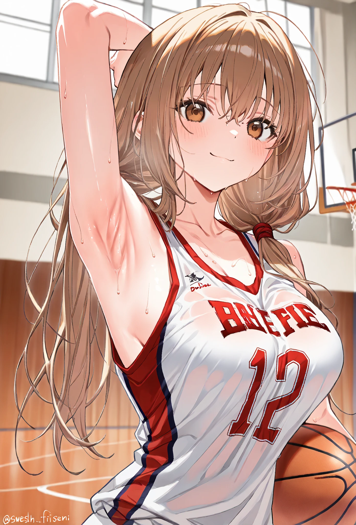 Masterpiece++, Highest quality++, Ultra-definition++, Ultra-definition++, 4k++, 8k++, (background focus)++, highly detailed, ((basketball court))++, (((one-piece Yamato) )) +++, ((basketball player)), (((red slam dunk uniform)))+++, ((mature woman playing basketball))++, (basketball), blush, (wrist wristband), (super shiny hair and skin), (sunlight), ((beautiful)), sweaty body, cleavage, lively, sweating, warm smile, perfect eyes, perfect hands , perfect nose, one-piece Yamato, bright atmosphere, (wet effect)+, (light effect), (cinematic light)+, (light cinematic)+