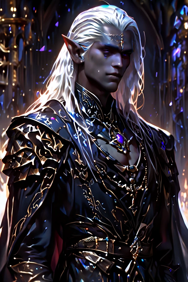 dark fantasy, dark elf, drow, sexy priest, male, long white hair, purple eyes, strong build, open chest, drow