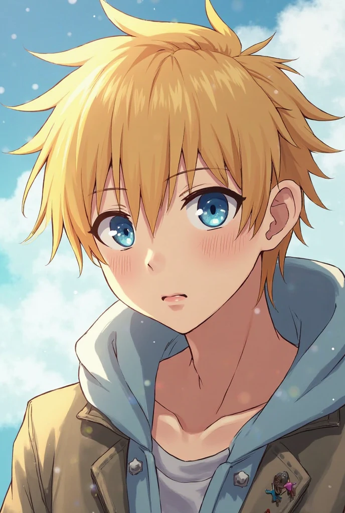 guy with blonde very short hair ,blue eyes, scar over eye ,anime style