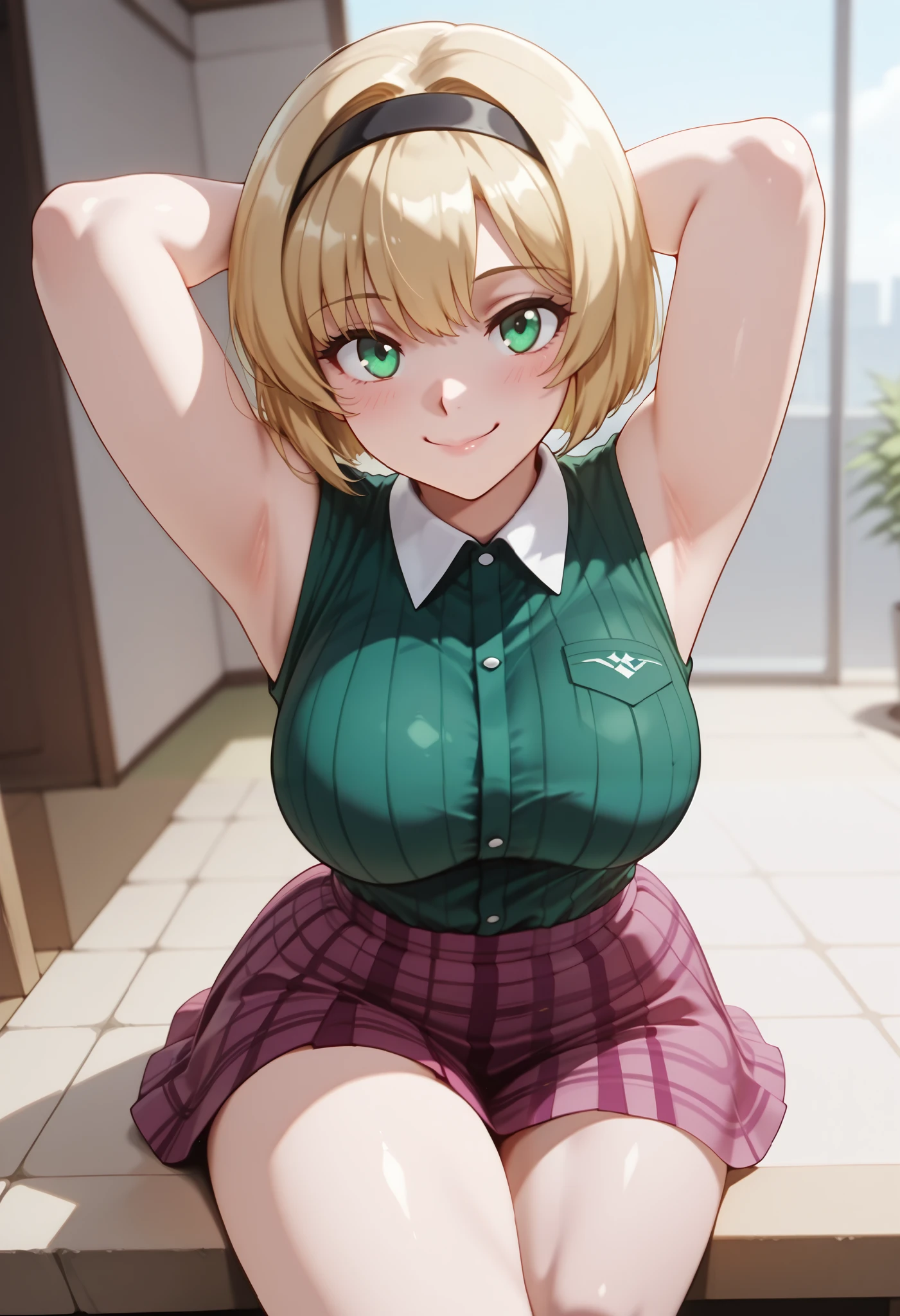 (dynamic angle, wide view, wide-angle lens, extremely detailed, CG, 8k Amazing, finely detail)), (intricate details, depth of field), 8k UHD, (masterpiece, best quality), ((amazing quality,very aesthetic,absurdres,best quality,newest, masterpiece)), ultra detailed, best quality, beautiful face, perfect anatomy, anatomically correct, athletic sexy body, Expressiveh, (cute face, cute body))), ((happy girl, proud to show her body)), ((((Miki H, blonde hair, bobcut, short hair,bangs, green eyes, black hairband, large breast, green striped shirt, sleeveless shirt, white collar, plaid pink miniskirt, white socks))), ((large breasts, slim sexy body, curvy hips, seductive pose, flirting, naughty face, blush)), (((looking at viewer, happy smile, joy, cowboy shot, dynamic pose)))), curvy, toned, athletic, sitting, arms up, crossed legs, ((((on side)))), (((seductive pose, sexy pose, cowboy pose)), indoors,((hourglass figure)), ((pinup pose, seductive pose,dynamic pose, seductive), ((precise face and eyes:1)) , ((looking at back, full body shot, hourglass figure, wide hips)))), fantasy, outdoors, ((highly detailed, highres, 8k, uhd, High Dynamic Range, tonemapping, crisp details, intricate details, fine details)), ((highly detailed skin texture, finely detailed hair, perfect face, perfect body, perfect hair, perfect anatomy, portrait))