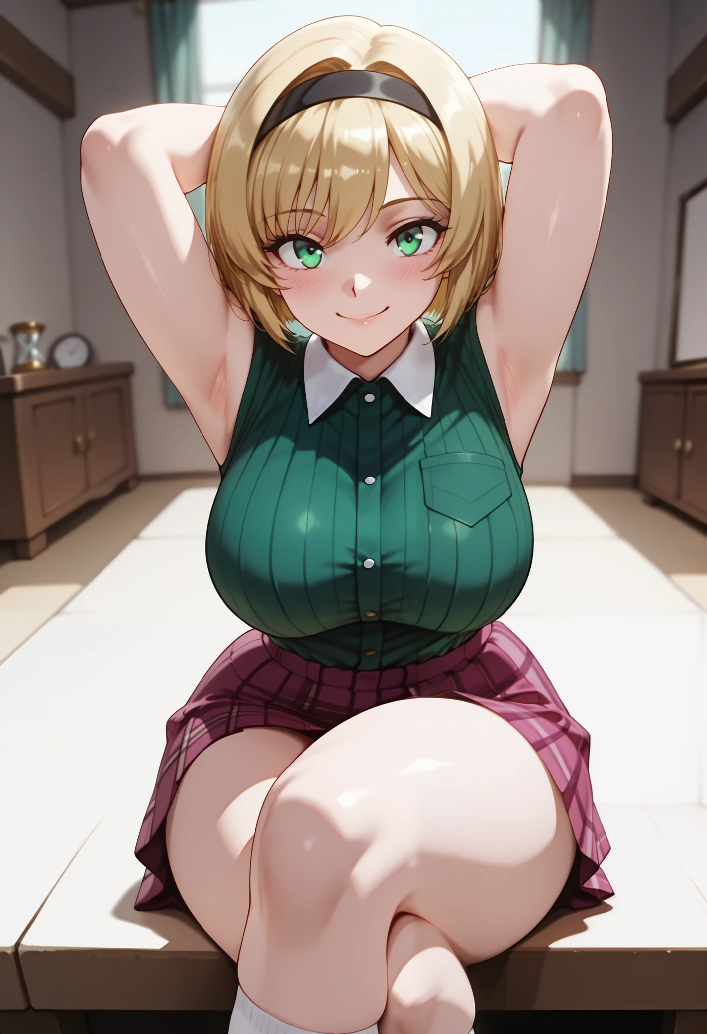 (dynamic angle, wide view, wide-angle lens, extremely detailed, CG, 8k Amazing, finely detail)), (intricate details, depth of field), 8k UHD, (masterpiece, best quality), ((amazing quality,very aesthetic,absurdres,best quality,newest, masterpiece)), ultra detailed, best quality, beautiful face, perfect anatomy, anatomically correct, athletic sexy body, Expressiveh, (cute face, cute body))), ((happy girl, proud to show her body)), ((((Miki H, blonde hair, bobcut, short hair,bangs, green eyes, black hairband, large breast, green striped shirt, sleeveless shirt, white collar, plaid pink miniskirt, white socks))), ((large breasts, slim sexy body, curvy hips, seductive pose, flirting, naughty face, blush)), (((looking at viewer, happy smile, joy, cowboy shot, dynamic pose)))), curvy, toned, athletic, sitting, arms up, crossed legs, ((((on side)))), (((seductive pose, sexy pose, cowboy pose)), indoors,((hourglass figure)), ((pinup pose, seductive pose,dynamic pose, seductive), ((precise face and eyes:1)) , ((looking at back, full body shot, hourglass figure, wide hips)))), fantasy, outdoors, ((highly detailed, highres, 8k, uhd, High Dynamic Range, tonemapping, crisp details, intricate details, fine details)), ((highly detailed skin texture, finely detailed hair, perfect face, perfect body, perfect hair, perfect anatomy, portrait))