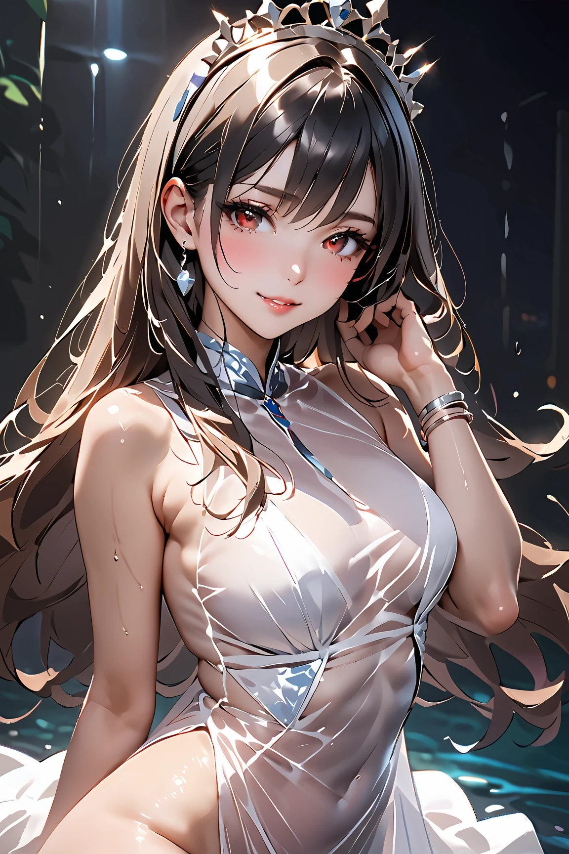 (masterpiece:1.3), high resolution, ultra detailed, extremely detailed CG unity 8k wallpaper, realistic, photo-realistic, RAW photo, beautiful detailed face, pale skin, realistic glistening skin, detailed cloth texture, detailed hair texture, Perfect body, Beautiful Face, accurate, Anatomically correct, Highly detailed face and skin texture, natural neck length, (beautiful hands), (fair skin:1.2), Thin legs, Thin feet, Sexy thighs, small face,
BREAK
Detailed eyes, symmetric eyes, Light Brown eyes, Double eyelids, Thin eyebrows, Moist eyes, (Glossy lips:1.4), (looking with a gaze:1.2, smile), (open mouth a little), (blush:1.1), The perfect style of 7 heads,
BREAK
((1 girl:1.3, 23yo:1.3)), ((wearing a Idol costume based on Chinese dress(shiny blue dress, (Silver-studs-adorned a little), Chinese dresses like, halter neck, vibrant, chic, flowing, enchanting, adorned, charming, feminine, coordinating, accessorized, cute, playful, frilly, long dresses, captivating, alluring, stylish, bedazzled, dancing, embellished, charming, intricate, glamorous, radiant, stunning, coordinated, shiny blue dress, adorable, pastel-colored, long dresses):1.3)),
(huge breasts:1.3), (firm breast, slender figure:1.1),
((Layered Hairstyle, volume hair):1.2), ((Dark brown hair, wavy hair, medium long hair):1.2),
BREAK
((Dancing on the music live stage with Seductive pose that reach out one hand:1.4)),
((in the Japan's Idol's music festival:1.2)),
BREAK
((Cowboy shot:1.2)), ((From front)),