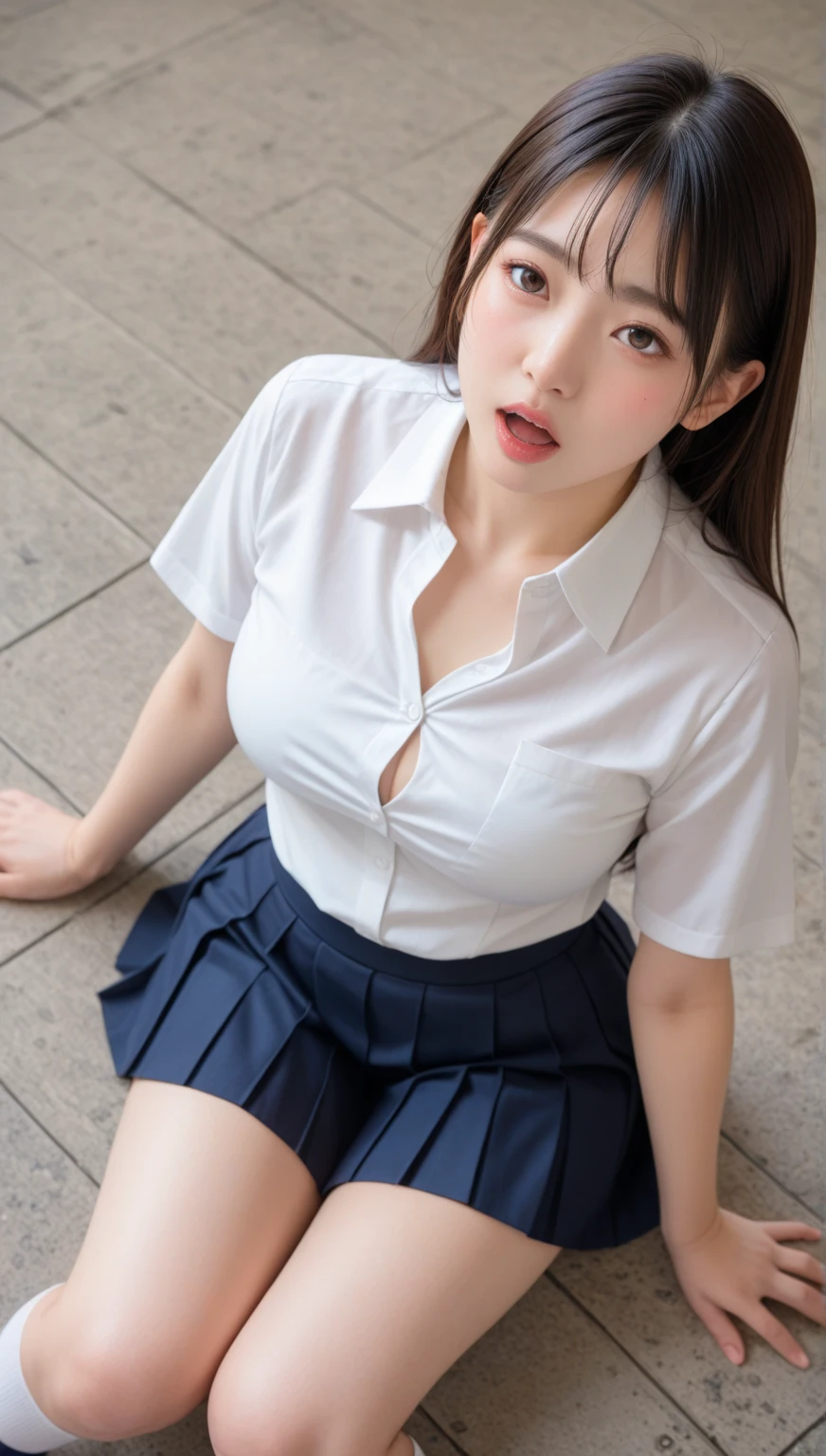 ultra highres,(reality: 1.4),highest quality, masterpiece, high detail, 16K quality, beautiful, 1 beautiful girl,japanese,super beautiful face,baby face,japanese idol face,cute face,super detailed face,detailed hand,beautiful skin,sweaty skin,big eyes,big smile,profeccional lighting,short hair, black hair,brown beautiful eyes, see through white shirt,cleavag,checked skirt,sitting with knee up,((spread legs)),skirt lift,(((show off panty))),((white panty)),medium breasts,she is looking at the camera,modern style classroom,nsfw,from front,