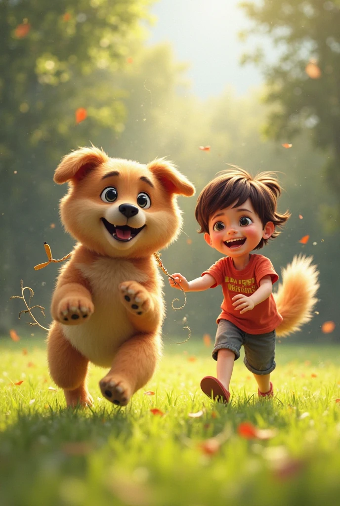 Pixar style image of a light brown boy playing with a white golden retriever dog, the boy has blue shorts, The boy has an orange shirt
