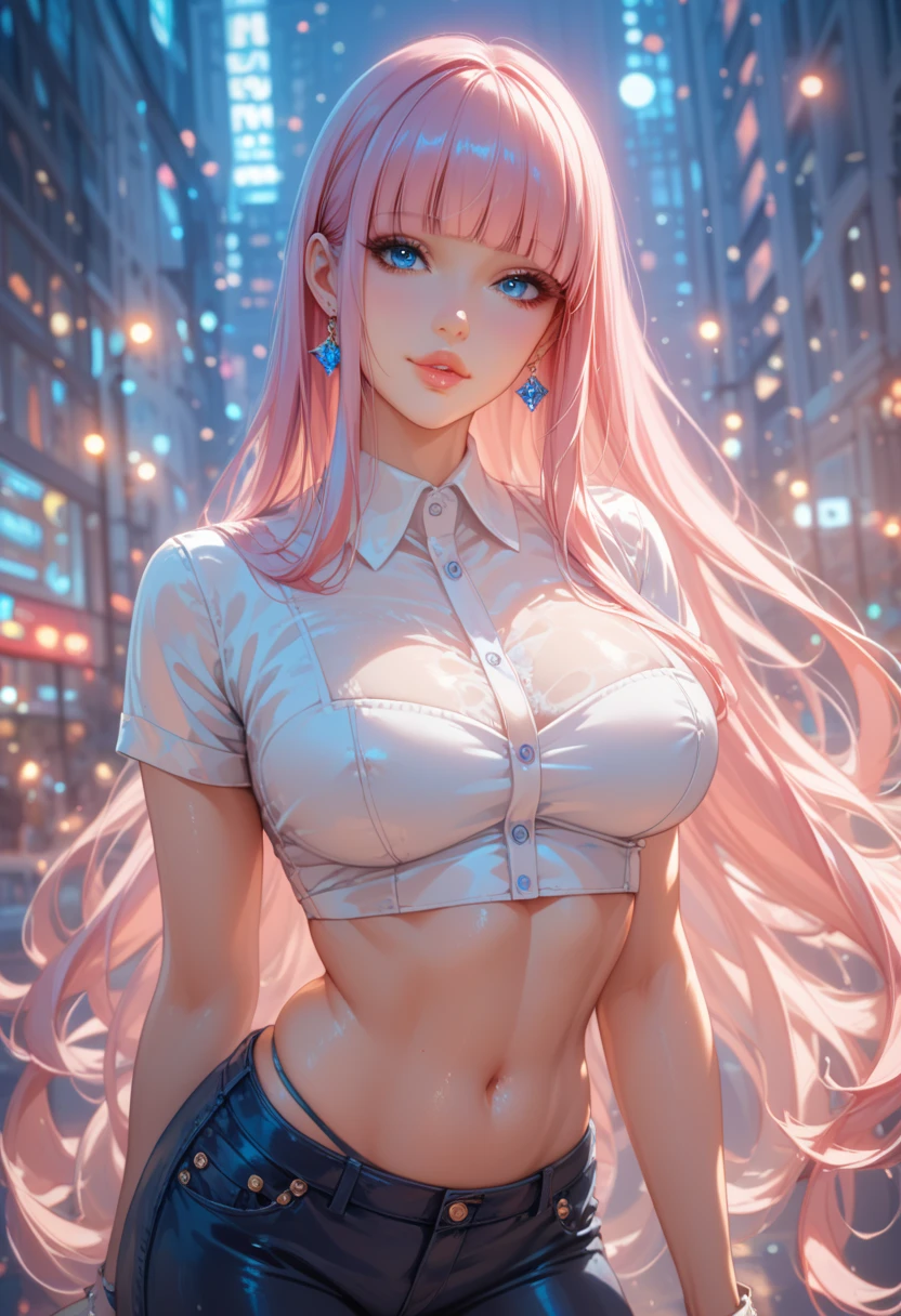 official art, masterpiece, sharp focus, (beautiful gorgeous cute Korean woman:1.3), (beautiful cute korean:1.3), korean beauty, Delicate and beautiful hair and eyes and face, realistic, ultra detailed, beautiful girl, blue sky, glow white particle, (sidelighting:1.2), sun light, white cloud, detailed clouds, slender, Lovely very large breasts and very large hips,showing pink slip and smiling, ((laugh with pink eyes, wink eyes)), scenery, long straight hair, sexy facial expression, building, (cityscape:1.7), dynamic hair, long straight hair, detailed blonde hair, glow pink eyes, (fiery rose pleated skirt+white off shoulder blouse), white long socks, pale skin, epic scenery, (Tiara:1.5), streaked hair, (Star-shaped pupils), hair ornament, Princess white gloves, Wet body, kiss rose 🌹