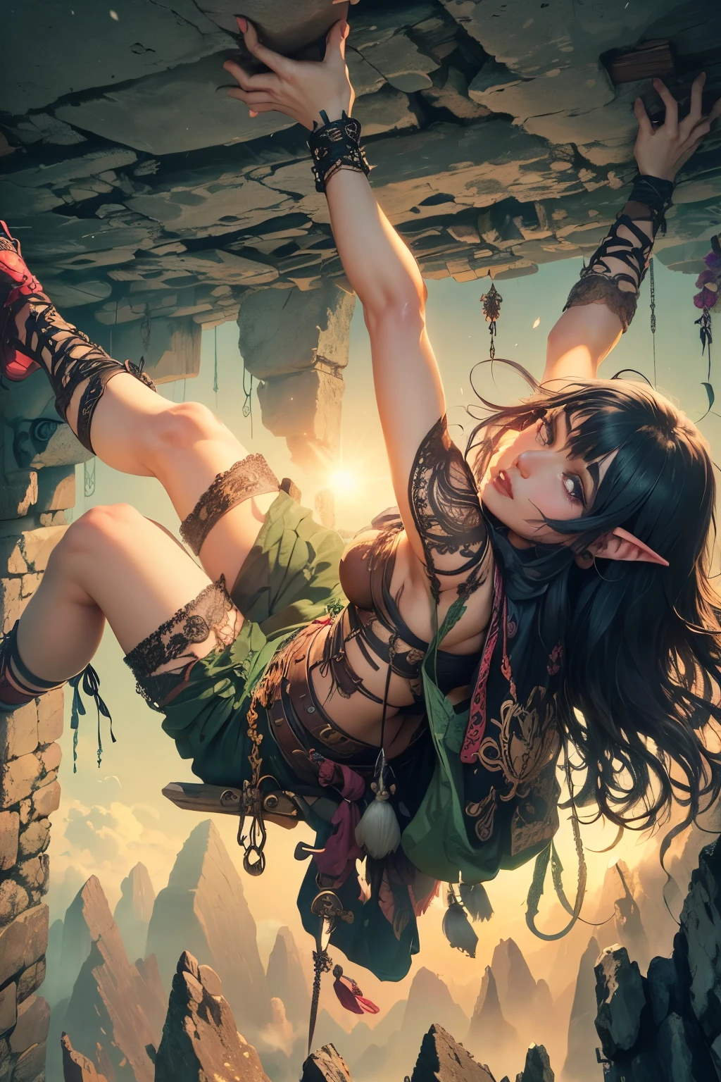 (Ultra-detailed face, Looking away, Gothic Illustration, Dark tone colors. She has five fingers on her hands and five toes on her feet.), BREAK
(Spring daytime when the sun shines brightly. A haze hangs in the air. Ancient stone ruins that create a mysterious atmosphere. Petals of spring flowers are dancing in the air.), BREAK
(A female dark elf adventurer is moving along a wall through a narrow passageway piled with stones. Her arms and legs are outstretched, and she hangs her limbs on the clues of the stone wall in a daring pose.), BREAK
(She has pure white hair, pure white eyebrows, blunt bangs, hair reaching to her waist that waves in the wind, small pink lips, lavender eyes, dark purple skin, and thick eyeliner. She enjoys adventure.), (She wears a traditional short, dark green, medieval European-style lace-up dress with cherry-red lace ribbon tie and embroidered cherry blossoms, and brown leather laced sandals.)