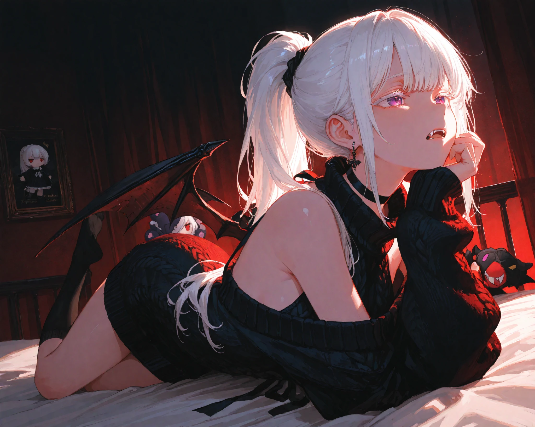 (best quality,ultra-detailed,highres:1.2),1 young girl,white hair,dark red eyes (darkred eyes:1.1),dark aura(aura:1.1),(mysterious,haunting:1.1) atmosphere,looks like a half demon,(demonic features,demon-like characteristics),(elaborate,ornate) earring,(dark,royal:1.1) crown, full body, laying on bed, bedroom, night time