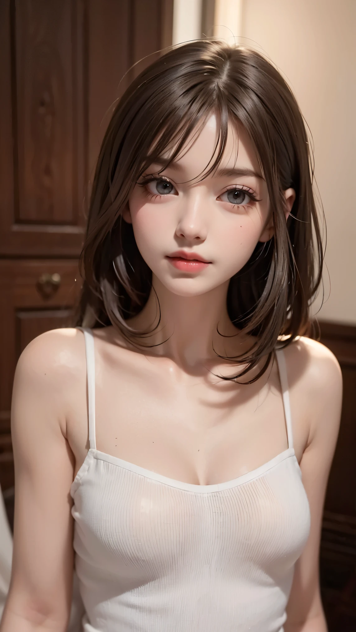 White camisole, mature, small breasts, slender, I am a mature woman with medium hair, light brunette
