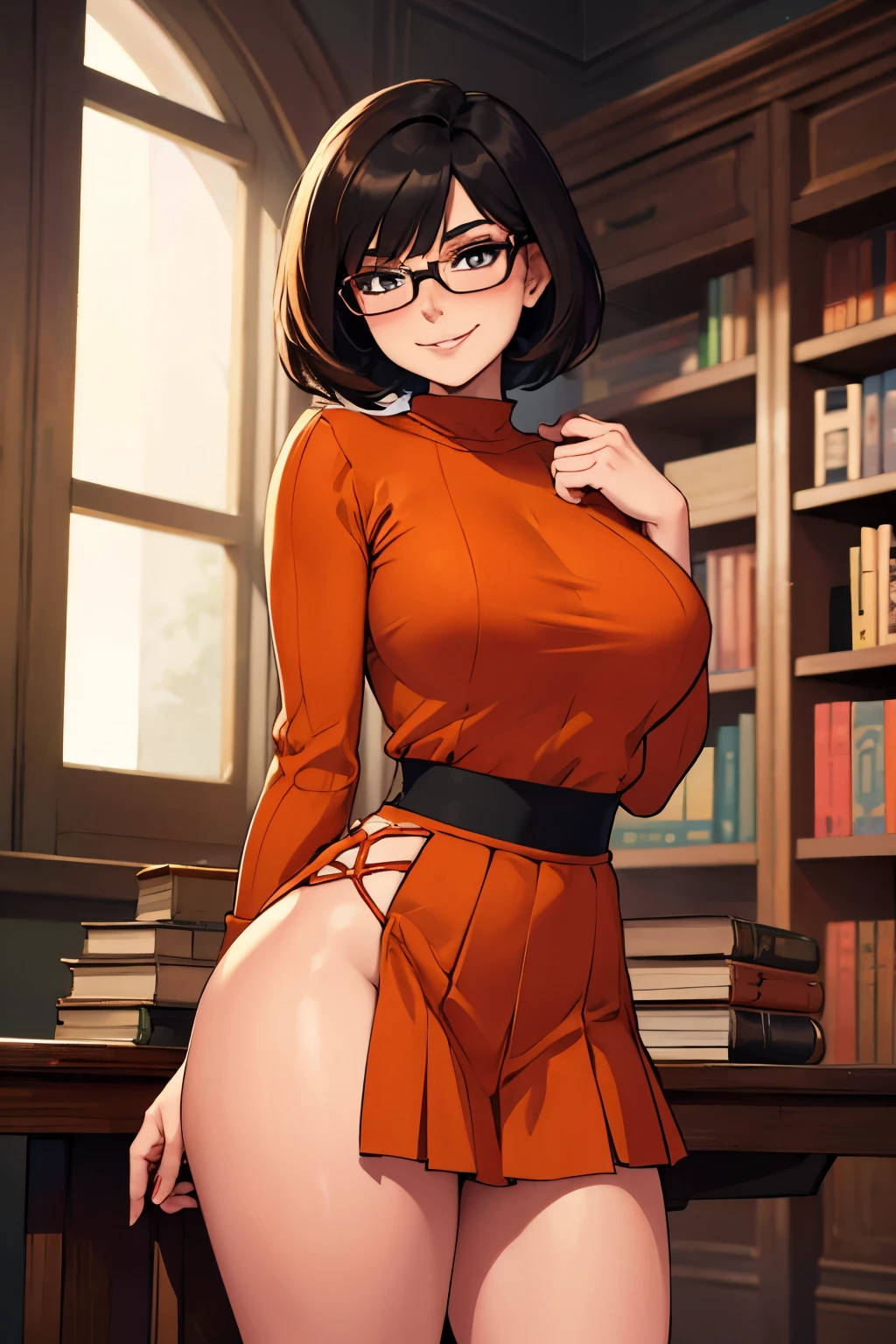 (close-up:1.2), (cute:1.3), (nervous:1.4), (head fully in frame:1.3), (beautiful face:1.5), looking at viewer, (smile:1.3), playing with own hair, closed mouth, upbeat mood, (blush:1.2), beautiful eyes, curvy, (large breasts:1.3), (wide hips:1.1), narrow waist, (cute:1.4), adjusting clothes, rizdraws, thick lineart, (film grain:1.2), (semi-traditional artstyle:1.3),
bbyorf, (black hair:1.3), short hair with long locks, white hairband, red eyes, gold earrings, jewelry, off shoulder, red sweater, sweater dress, long sleeves, black pantyhose