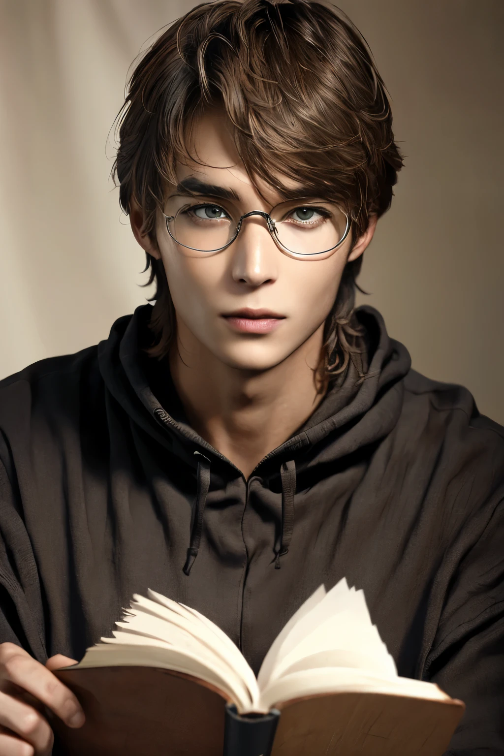 dark brown hair and big dark brown eyes((big brown eyes with strong angles hanging down))healthy tan and smooth skin((精密細密なplain glasses))A 30-year-old man is a wizard(smooth skin thin chin and cheeks)read big magic books(濃い茶色に染めたbob cut hair)ネオン発光する魔方陣と魔法具のある魔法の部屋read big magic books((relaxed fantasy costume))big, well-groomed brown eyes