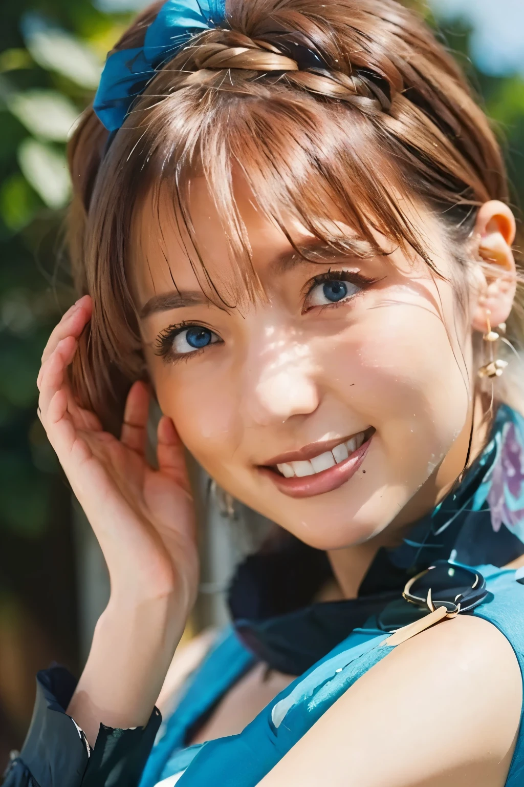 masterpiece、1 beautiful girl、fine eyes、smile、puffy eyes、highest quality, 超High resolution, (reality: 1.4), movie lighting、super beautiful、beautiful skin、body facing forward、close up of face、upper body close-up,(超reality的な)、(High resolution)、(8k)、(very detailed)、(美しくfine eyes)、(Super detailed)、 (wall-)、detailed face、bright lighting、professional lighting、looking at the viewer、look straight ahead、slanted bangs、perfect cosplay,masterpiece, highest quality, close, face shot, looking at the viewer,
super clique \(umamusume\), smile, put your hand on your cheek, 
blue scarf, removed sleeve, bare shoulders, O-ring, clothing clippings, wrist cuffs, Scrunchie, strap between breasts, handbag, Shoulder bag, blue clothes, white skirt, zettai ryouiki, thigh boots,

 