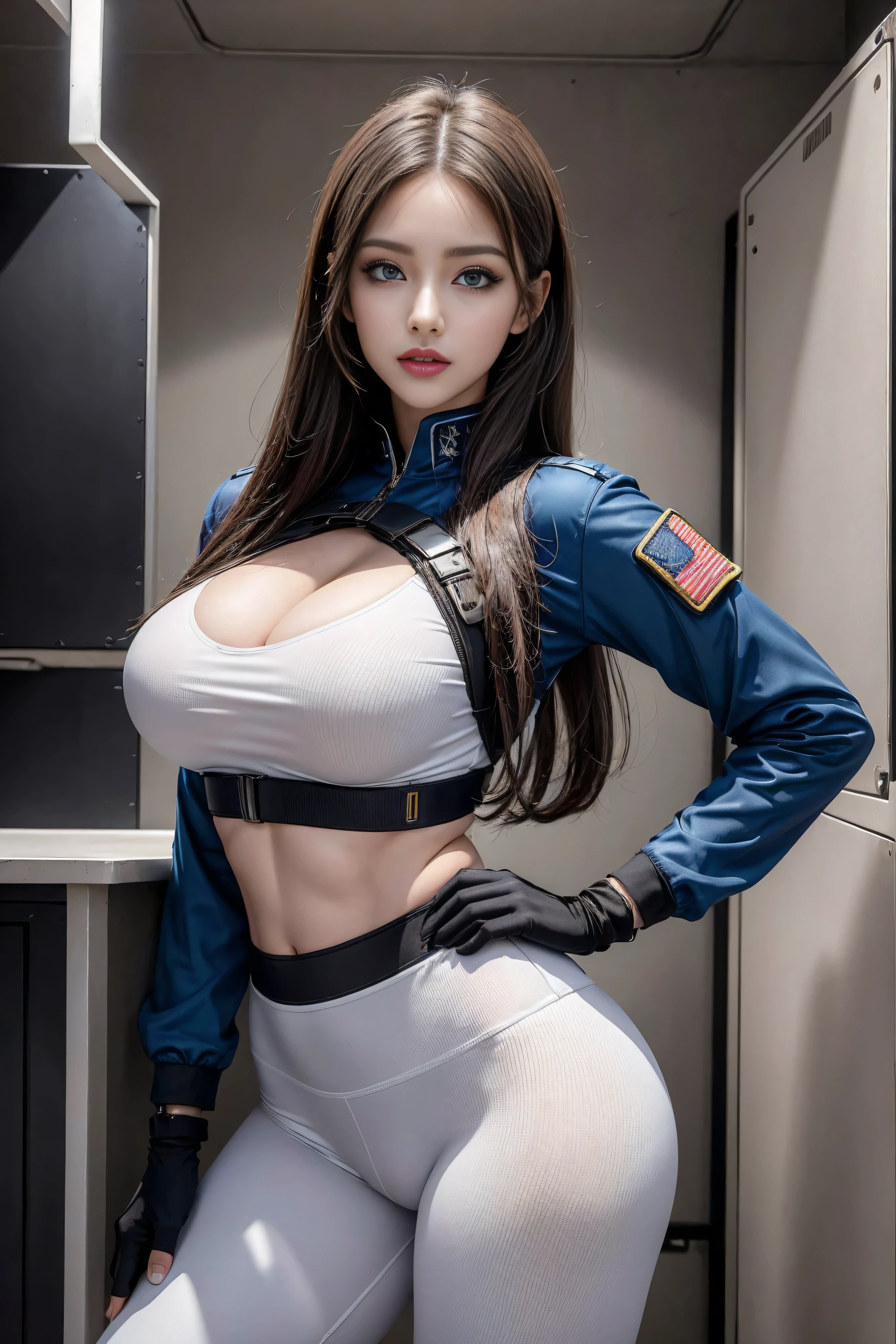 Standing on the cockpit of a fighter jet、Only panties under the MA1 jacket、One beautiful woman、huge tit、cleavage of the breast、beauty legs、((full bodyesbian))