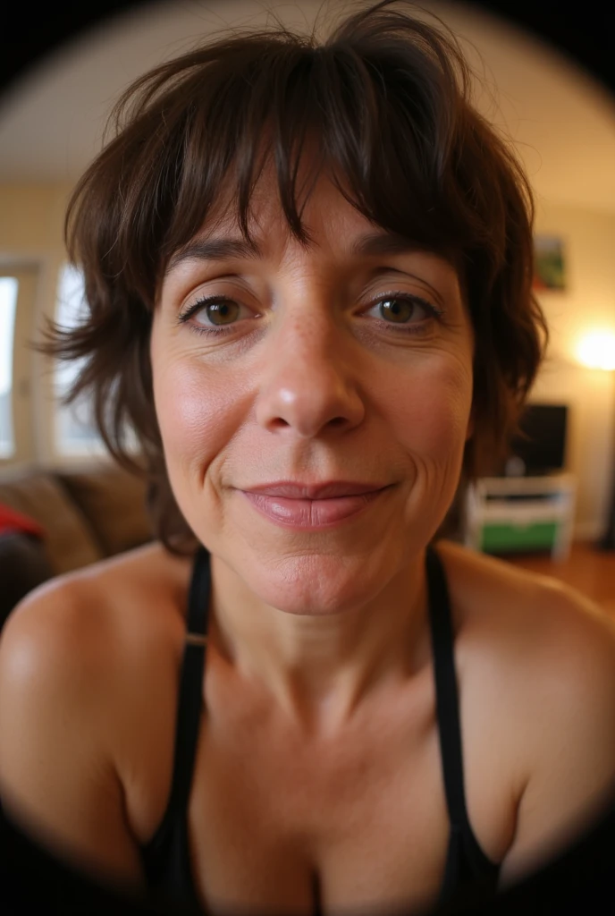 ((Best quality)), ((Masterpiece)), (Detailed), visage parfait, 55 years old woman, wrinkle face, petite, curly and black hair. Camping near bonefire, completely naked, hairy pubis, sit on a bed in a closed tent.