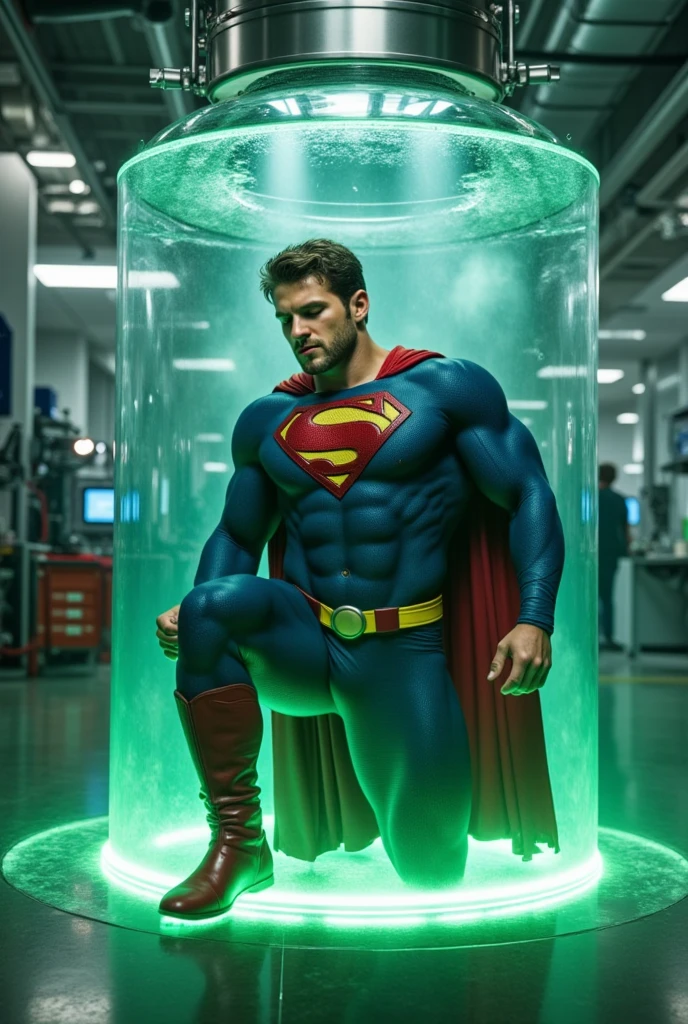 In a dark cavern, standing on a green-shining circle, shoulders hunched, head bowed, sweat dripping from his face, a middle-aged, very hairy,solidly-built superman stands naked in white briefs with a pained, pitiful expression on his face.