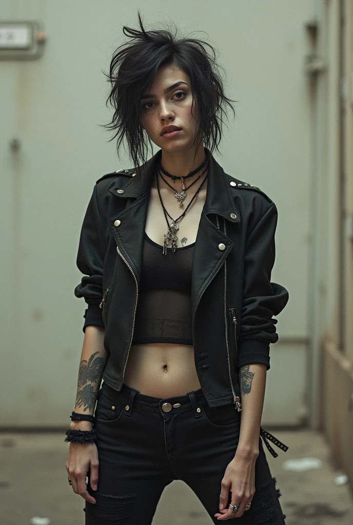 1girl, tomboy, black hair, side-swept pixie hair, cropped shirt, short sleeves, black thong, black lips, black lipstick, skinny, skull print, indoors, tattoos, arm tattoos, looking at viewer, hourglass figure