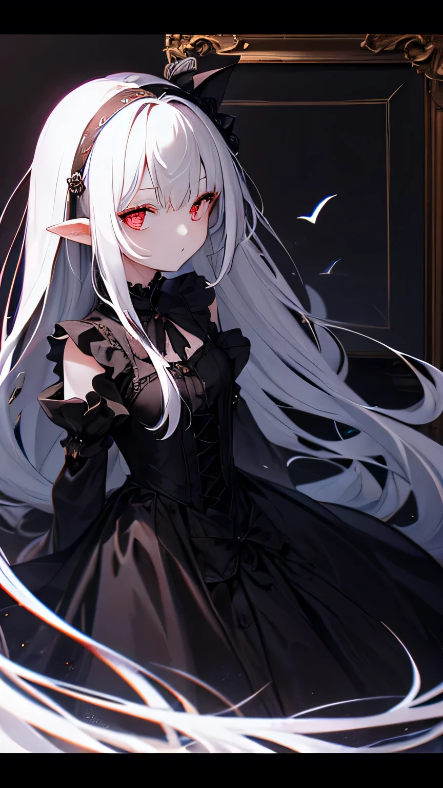 masterpiece、high image quality、Vertical illustration、dark fantasy、elegant gothic decorative frame、Small letter gothic girl(length, fluffy white hair 、Red Eyes、black and white frill dress、that creates a dark and fantastic atmosphere)、with a small black cat next to it(Red Eyesと小さな角つき)、The background is black and red, wearing a hair accessory like an octopus tentacle