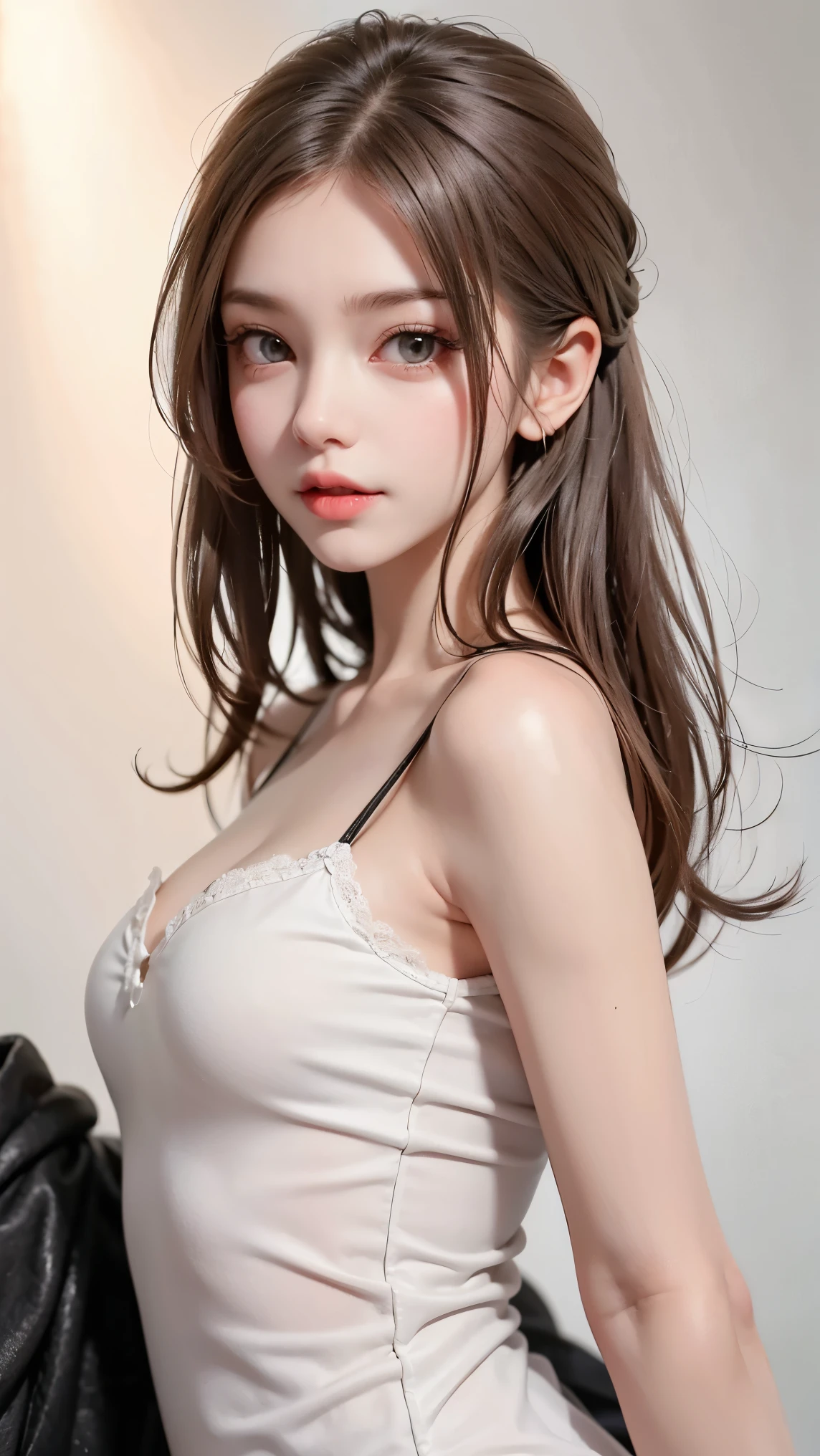 White camisole, mature, small breasts, slender, I am a mature woman with medium hair, light brunette