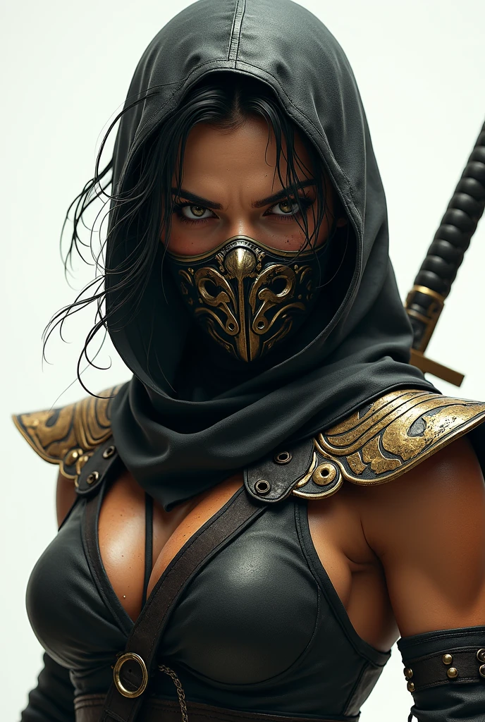 Ninja, western woman, beautiful woman, woman with black mask, long black hair with braid and loose fringe locks, black corset, black mask, big breasts, mortal kombat style, realistic, 1girl, background garden, posing for photo, katana in hand